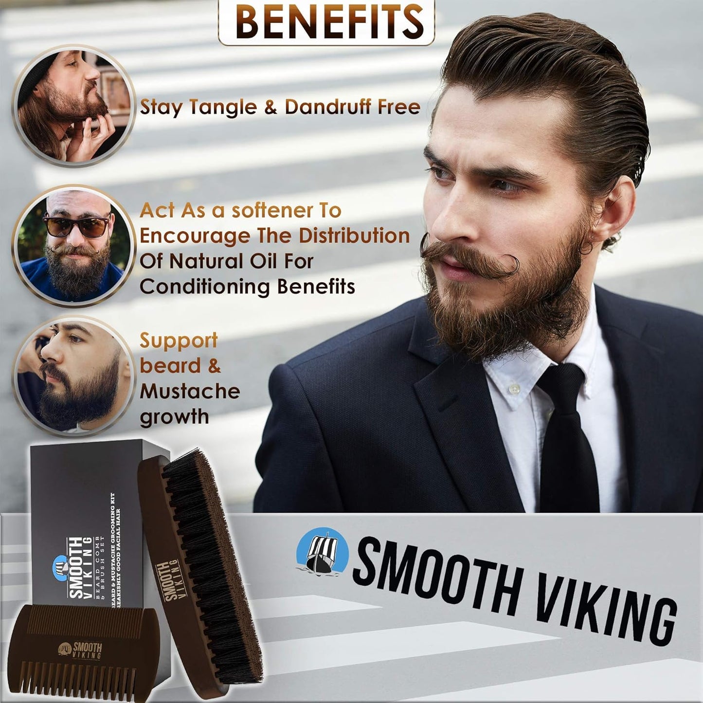 Smooth Viking Beard Brush & Comb Gift Set for Men - Natural Boar Bristle Hair Brush & Wooden Comb, Boar Brush for Facial Hair Styling, Grooming & Beard Shaping Tool, Men Hair Products - Brown