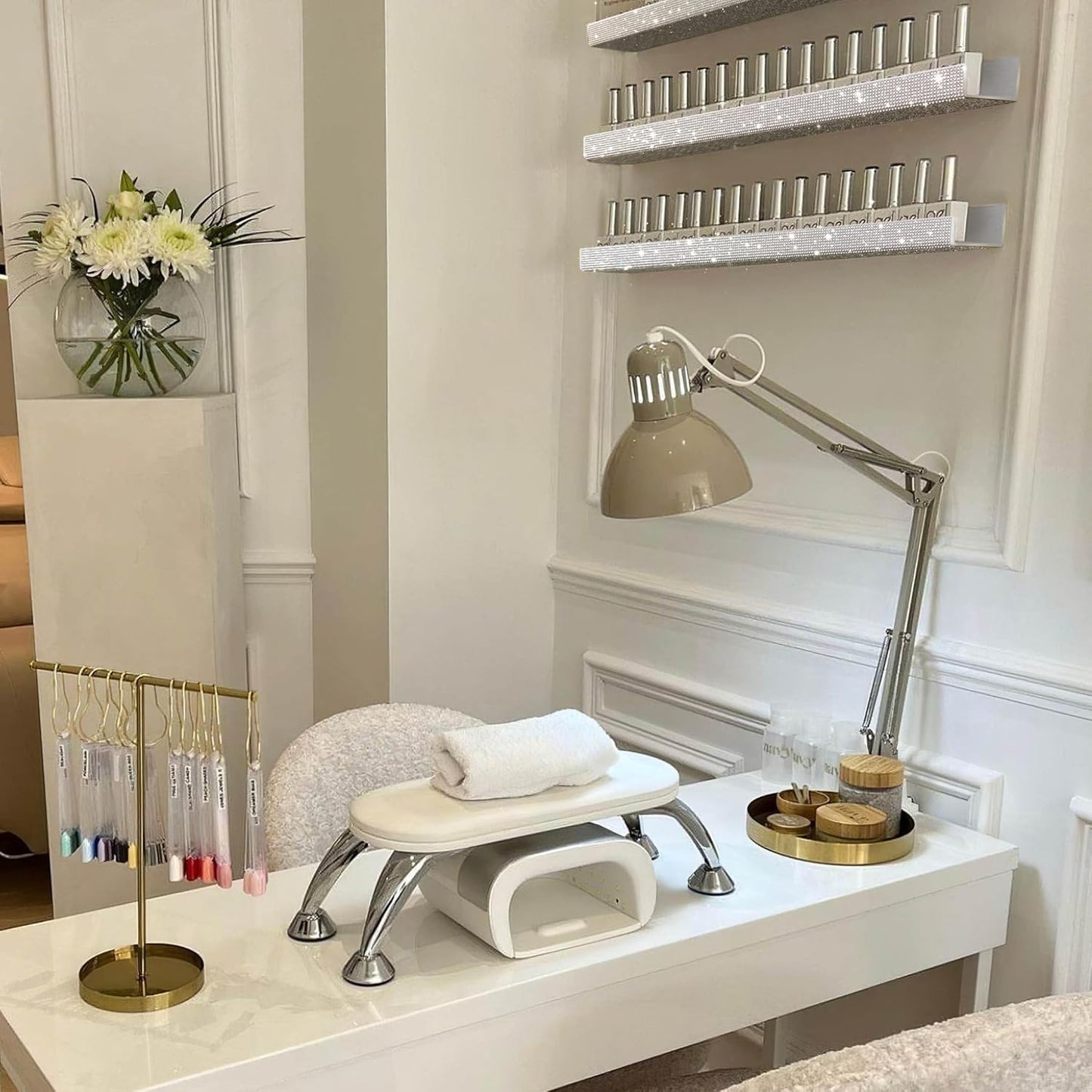 Care&More YJ 4 Pack 15 Inch Nail Polish Wall Rack，Diamond Crystal Rhinestone Acrylic Nail Polish Organizer，Sunglasses Essential Oil Picture Display Storage Wall Shelf