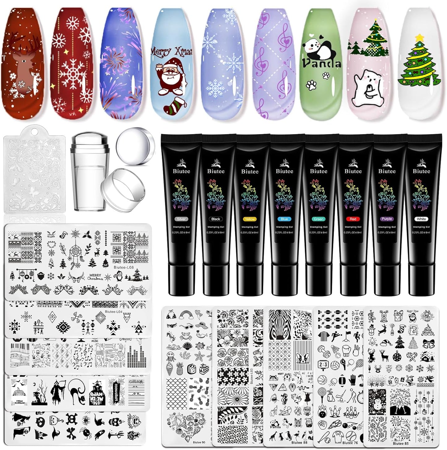 Biutee Nail Stamping Plates Set with 8 Colors Nail Stamping Polish Gel & Stamper - Winter Snowflake Santa Xmas Nail Art Set, Holiday Gift for Women & DIY Nails