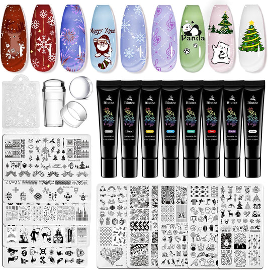 Biutee Nail Stamping Plates Set with 8 Colors Nail Stamping Polish Gel & Stamper - Winter Snowflake Santa Xmas Nail Art Set, Holiday Gift for Women & DIY Nails