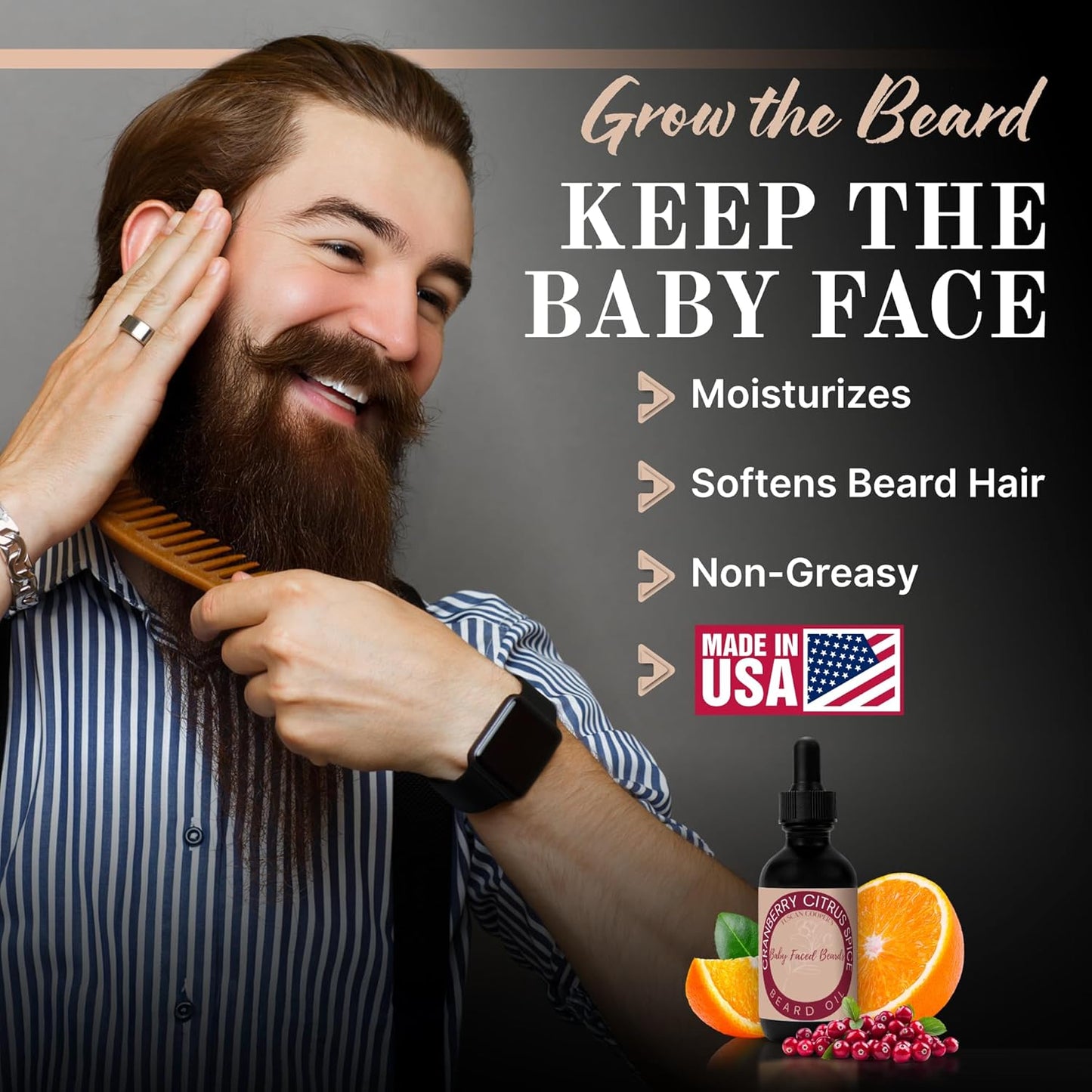 Tuscan Cooper's Baby Faced Beards Oil for Men - All Natural, Hydrating, Nourishing, Beard Softener and Conditioner Coconut, Jojoba, and Sweet Almond Moisture - Cranberry Citrus Spice