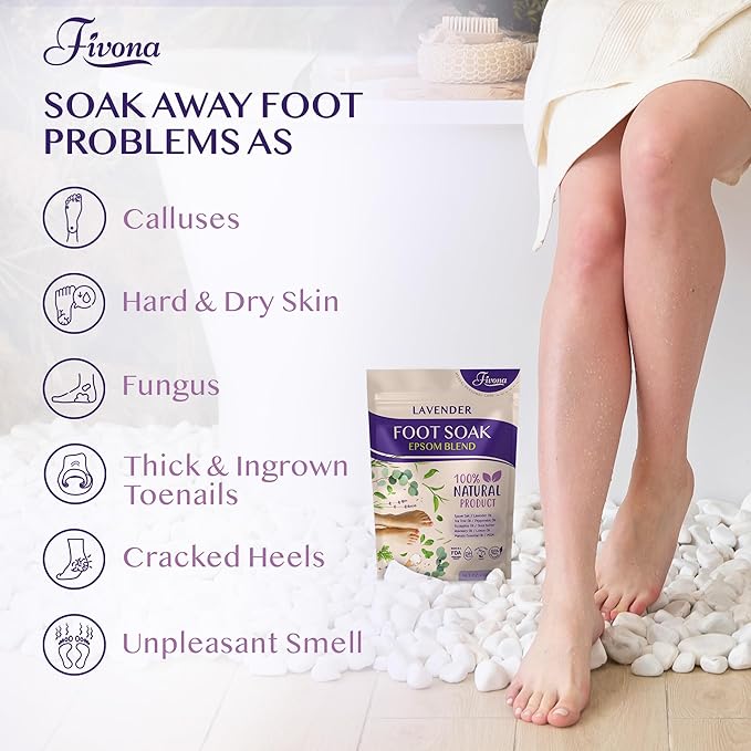 Fivona Foot Soak Blend Epsom Salt with Lavender 14.1 oz - Calming Foot Bath Salt, Relax & Renew Tired Feet, Soothe Soreness, Soften Calluses - Rejuvenating Pedicure Spa at Home