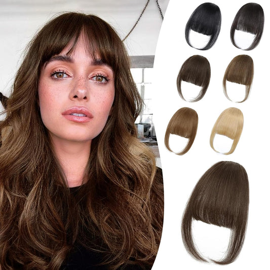 Wispy Bangs Hair Clip, 100% Human Hair Clip In Medium Brown Bangs for Women, Soft Layered Fake Bangs with Feathered Fringe, Easy Clip-On Design for Daily Wear & Halloween