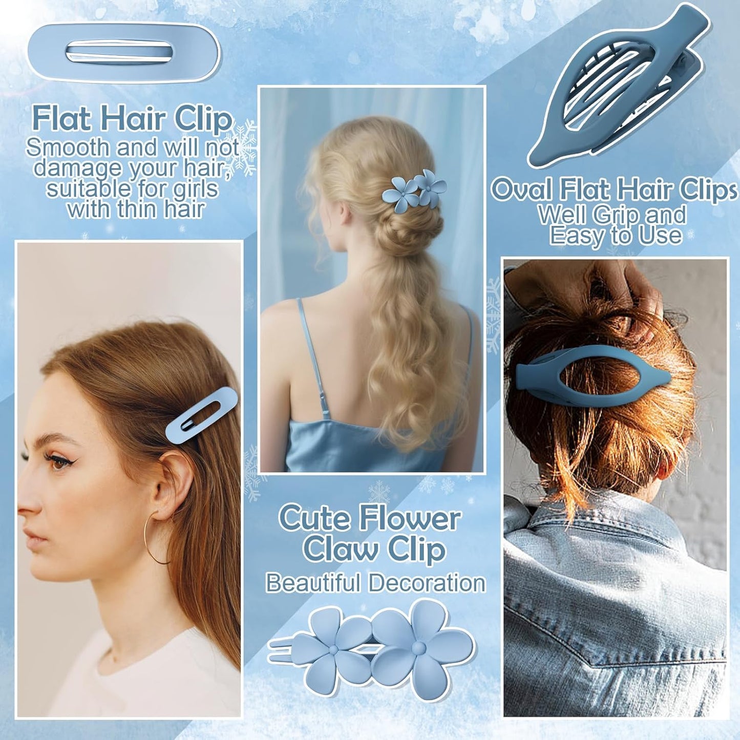 10 Pcs French Flat Hair Clips for Women, 3 Styles Blue Flat Claw Clips Strong Hold No Slip Matte Hair Claw Clips for Thin Thick Hair