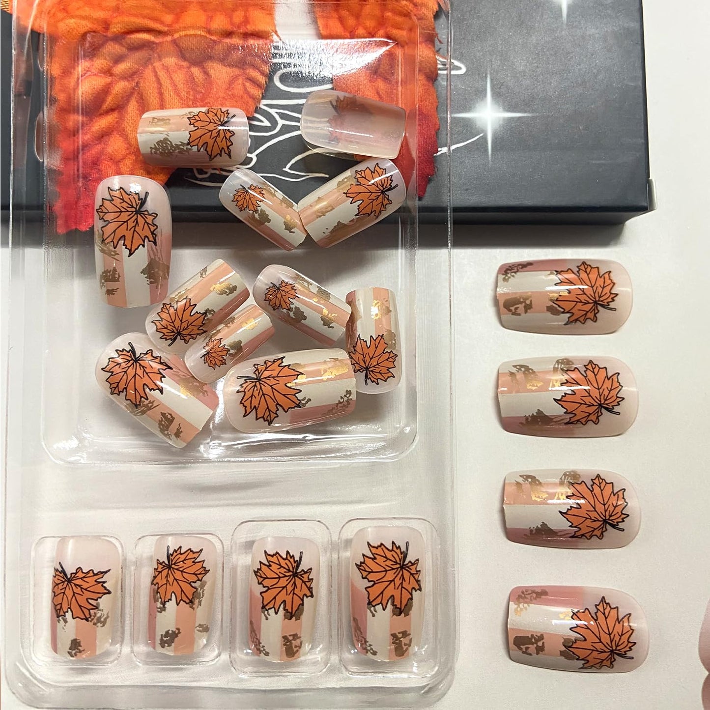 Gold Foil Maple Leaf Press on Nails Medium Square Fall Maple Leaves Fake Nails Glossy Thanksgiving Acrylic Glue on Nail Autumn Stripe Stick on Nail for Women DIY Manicure