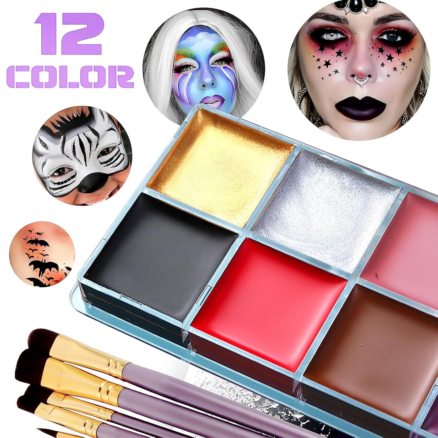 Face Paint Kit, Painting Palette with Brushes Body Paint Face Makeup Safe and Easy to Clean for Halloween Carnivals Cosplay Party Stage Performances (12 Colors + 10 Brushes)