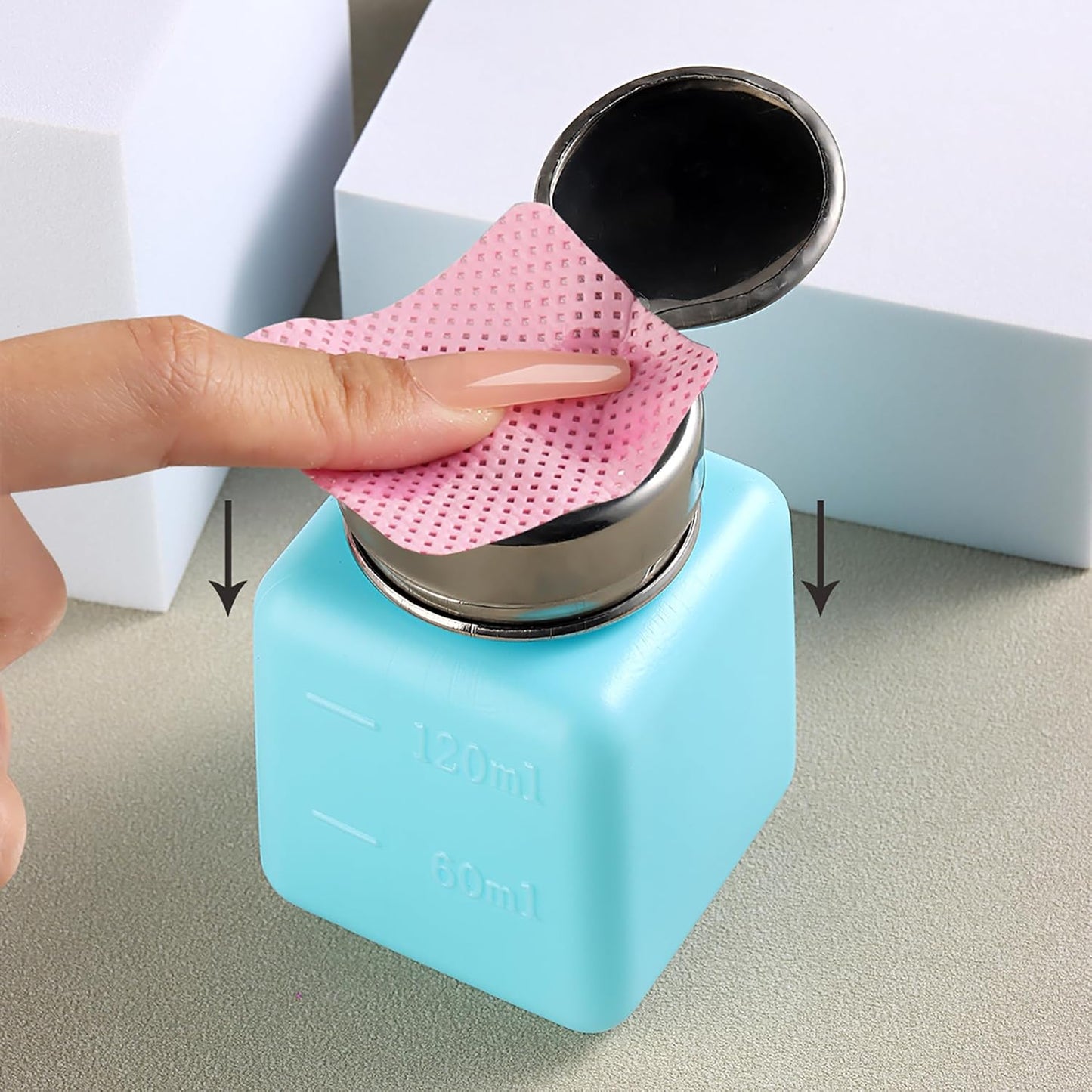 Pump Bottle Dispenser 120ml Nail Polish Remover Pump Metal Push Down Pump Dispenser 200Pcs Lint Free Nail Wipes Alcohol Dispenser Eye Makeup Remover Pump Push Down Empty Bottle -Blue