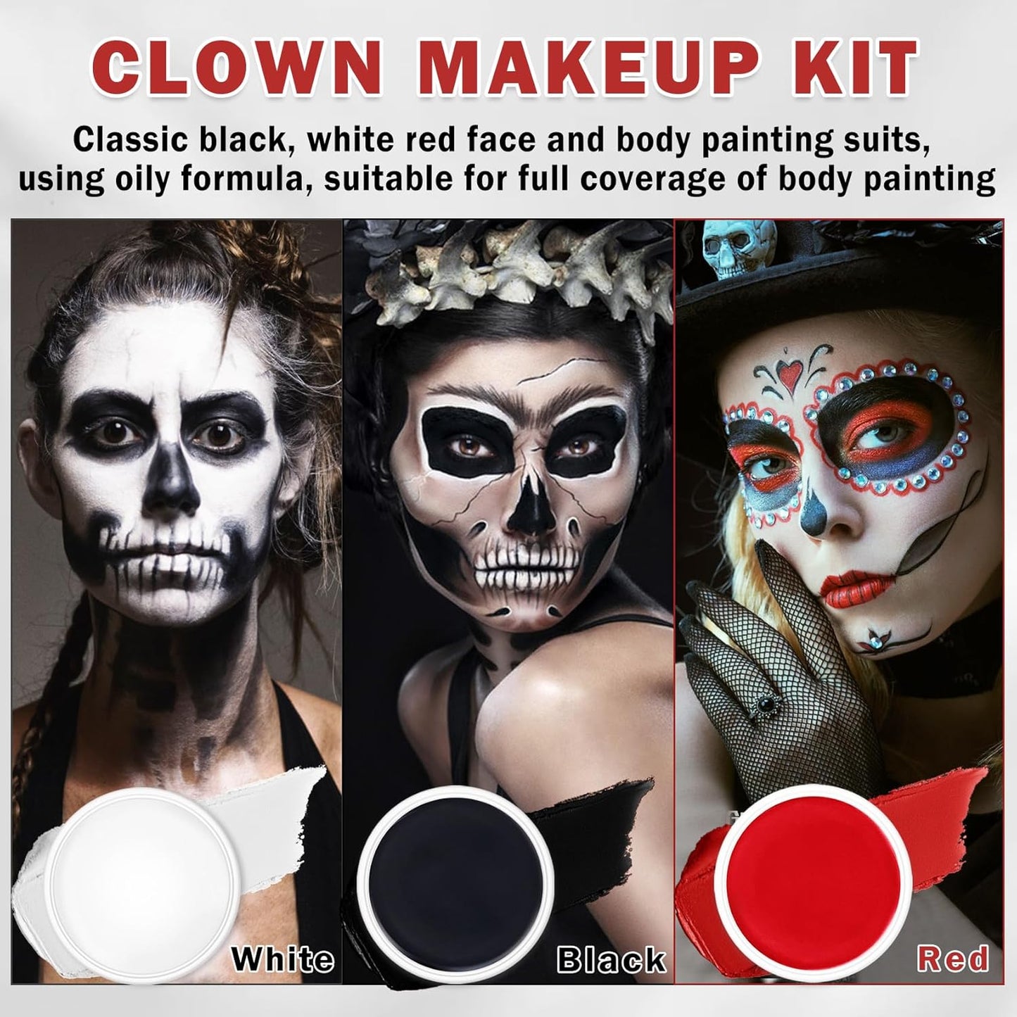 Clown Makeup Kit,Red Black and White Face Painting Kit Professional,Clown Face Paint Halloween Makeup Kit with Brushes,Oil Based Body Paint for Adults,Joker Vampire Zombie Makeup