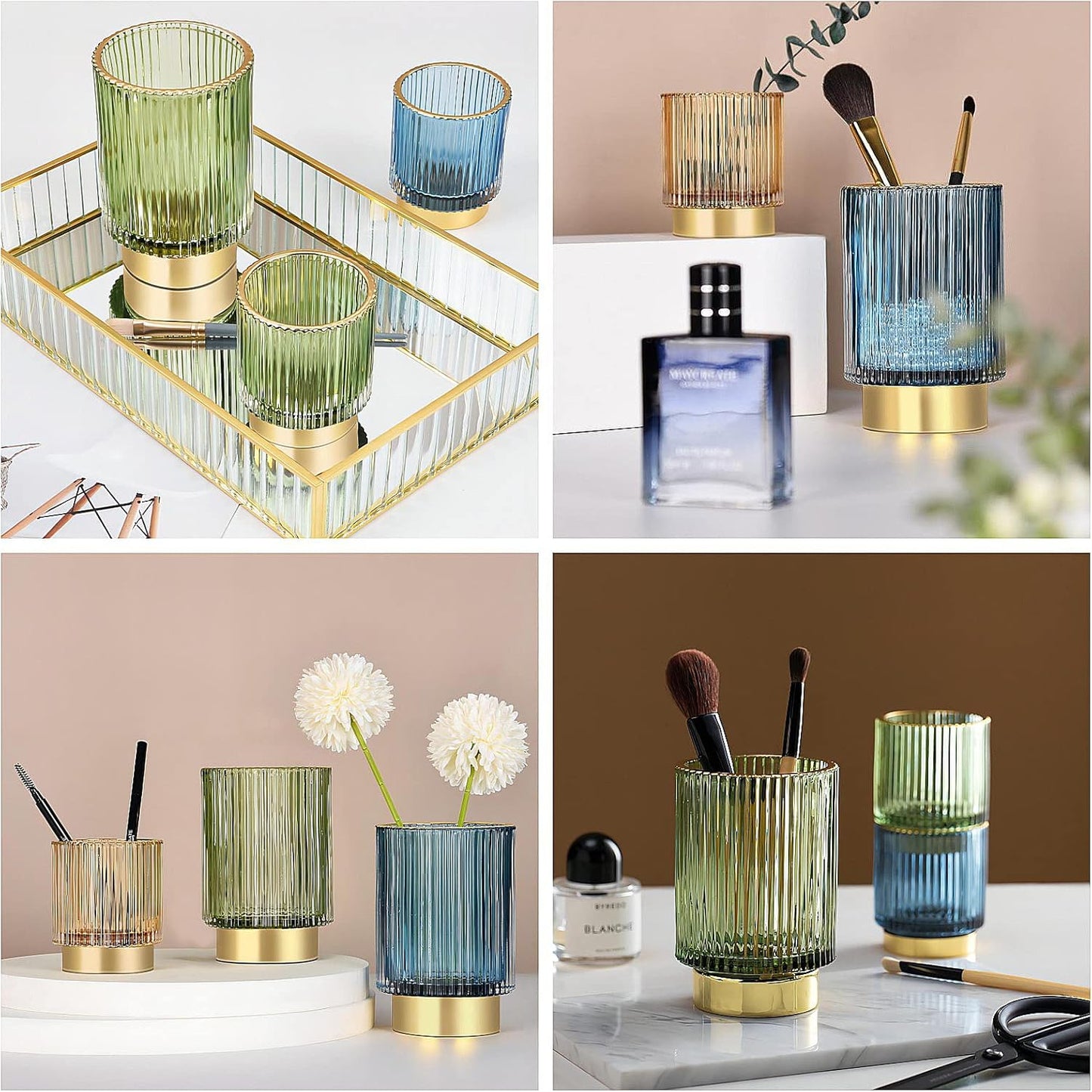DASITON Makeup Brush holder Organizer,Crystal Cosmetic Makeup Brush Glass Brushes Storage Holder, Vintage Make Up Brush Cup Pen Pencil Holder striped vase(Coffee L)