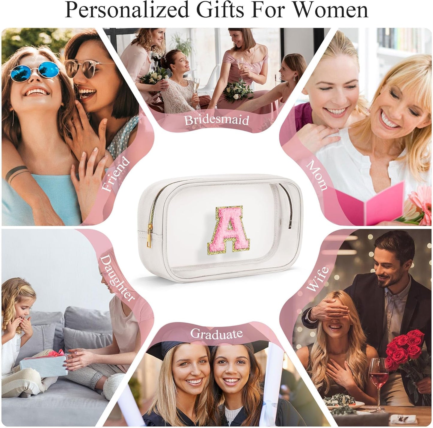 YOOLIFE Initial Makeup Bag Travel Toiletry Bag Clear Makeup Bag Preppy Cosmetic Bag Gifts for Girls Kids Graduation Gifts Birthday Gifts for Girls Kids Birthday Gifts Swim Gifts White L