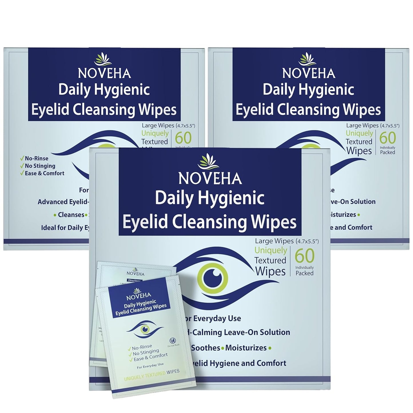 NOVEHA 180Pcs Daily Hygienic Eyelid & Lash Wipes | 120 Individually Wrapped Cleansing Eyelash Wipes - For Blepharitis & Itchy Eyes, Demodex and Natural Makeup Remover & Daily Cleanser (3 Pack)