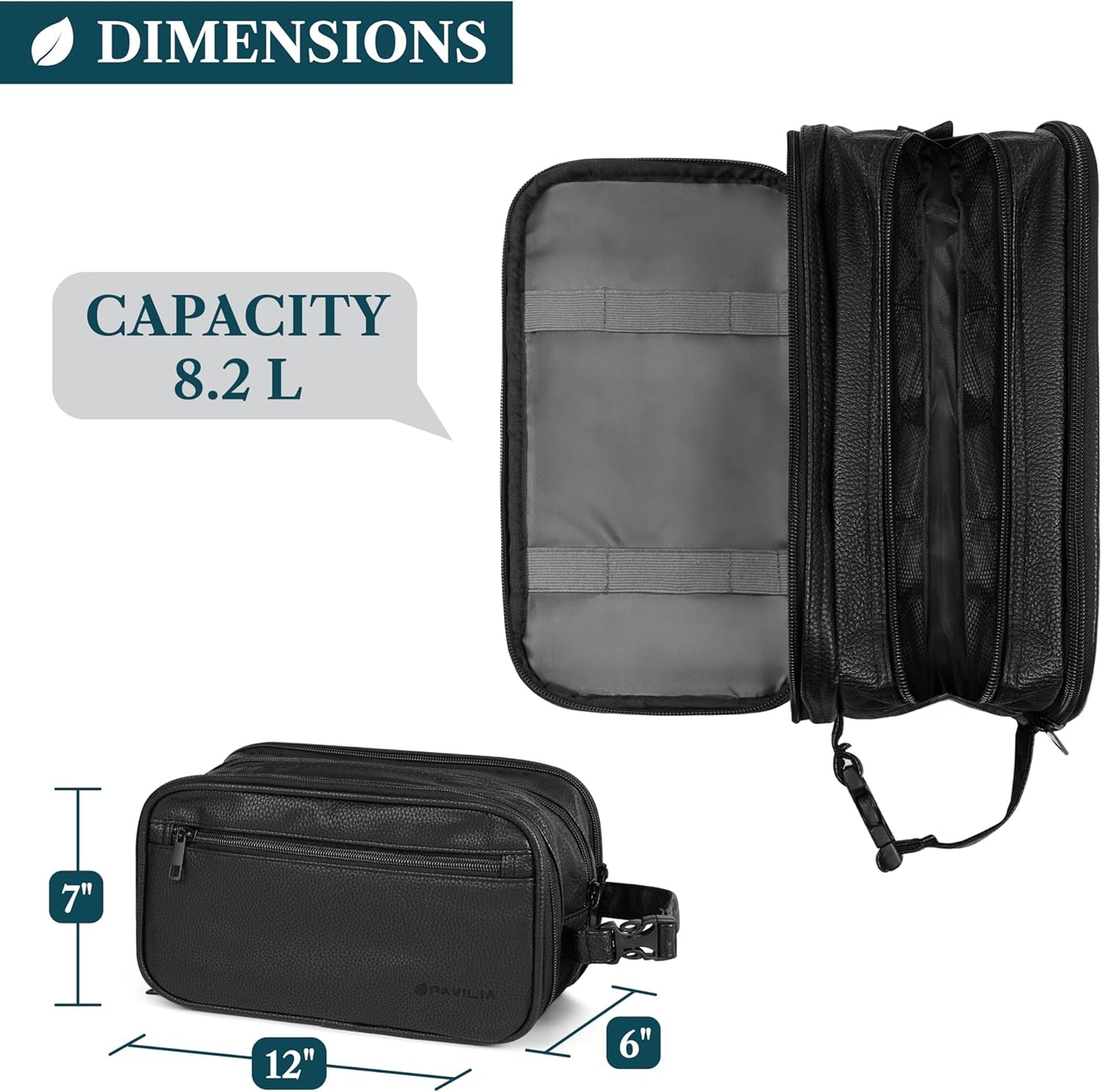 PAVILIA Toiletry Bag for Men, Travel Pouch Essentials Shaving Dopp Kit, Travel Bag Toiletries Organizer Case, Cosmetic Make Up Accessory, Water Resistant