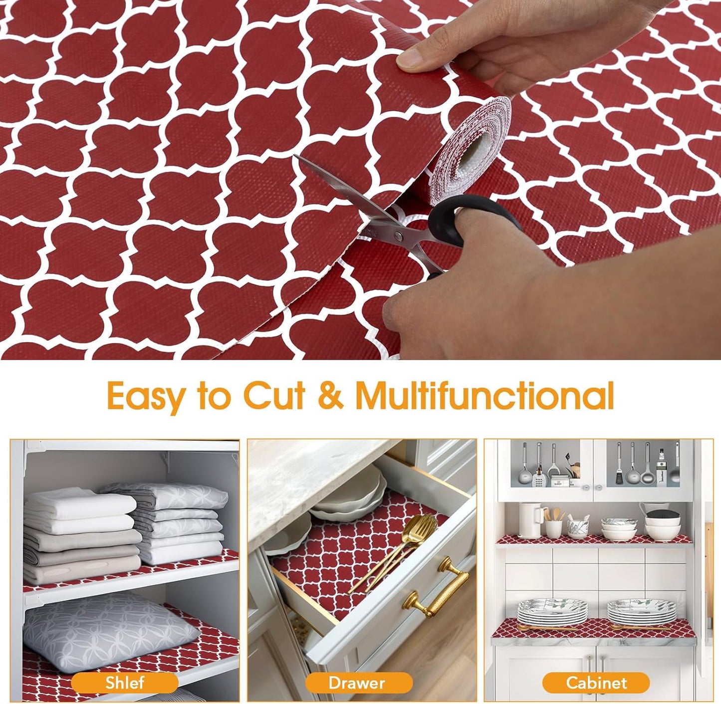 Shelf and Drawer Liner for Kitchen Cabinets Non-Adhesive, Strong Grip Non-Slip Thickened Cabinet Liners for Shelves, Waterproof Mats for Dresser Cupboard, Red/White, 23 in x 30 Feet