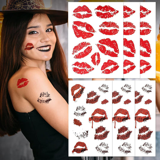 Halloween Temporary Tattoos, Red Bleeding Lips Tattoo Vampire Makeup for Kids Girls Women Men Face Body Halloween Party Cosplay Decorations, 6 Sheets