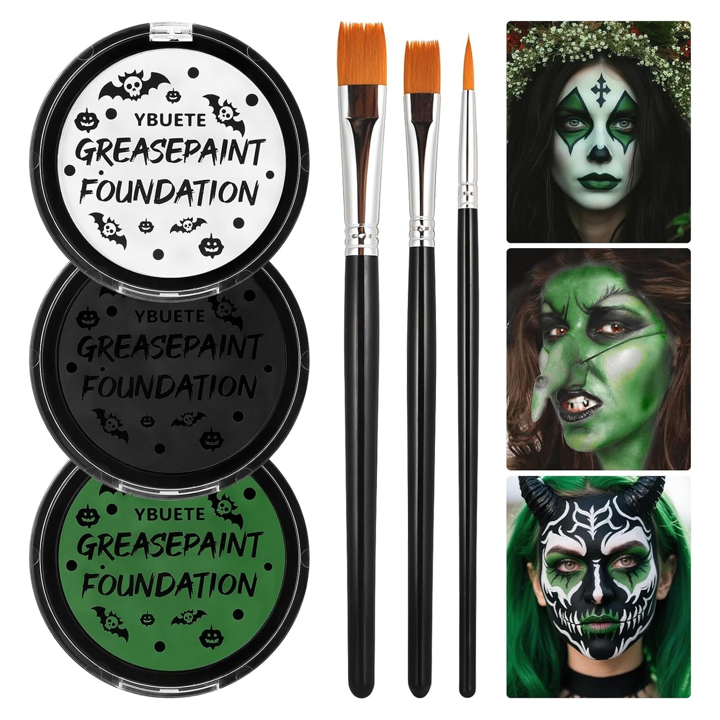 Green White Black Oil Based Face Paint Kit with Painting Brushes, Professional Greasepaint Halloween Face Painting Kit for Adult Cosplay Hulk Witch Shrek Grinch Makeup Costume Party
