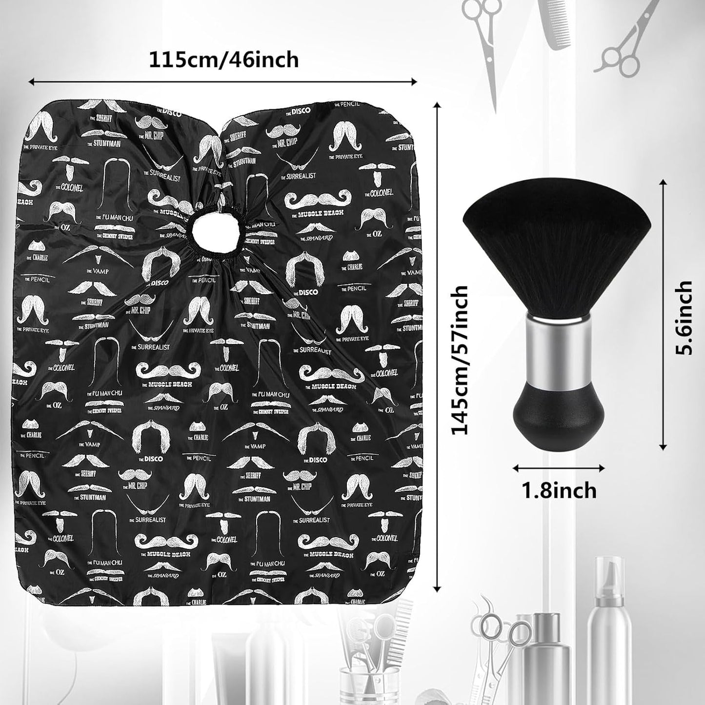 FEBSNOW Professional Hair Cutting Barber Cape with Neck Duster Brush, Beard Print Barber Cape for Barber Shop Hair Cutting Accessories