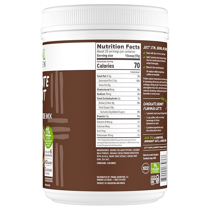 Primal Kitchen Chocolate Collagen Fuel® Drink Mix, Chocolate Coconut Collagen Peptides, No Dairy or Artificial Sweeteners, 20 Ounces