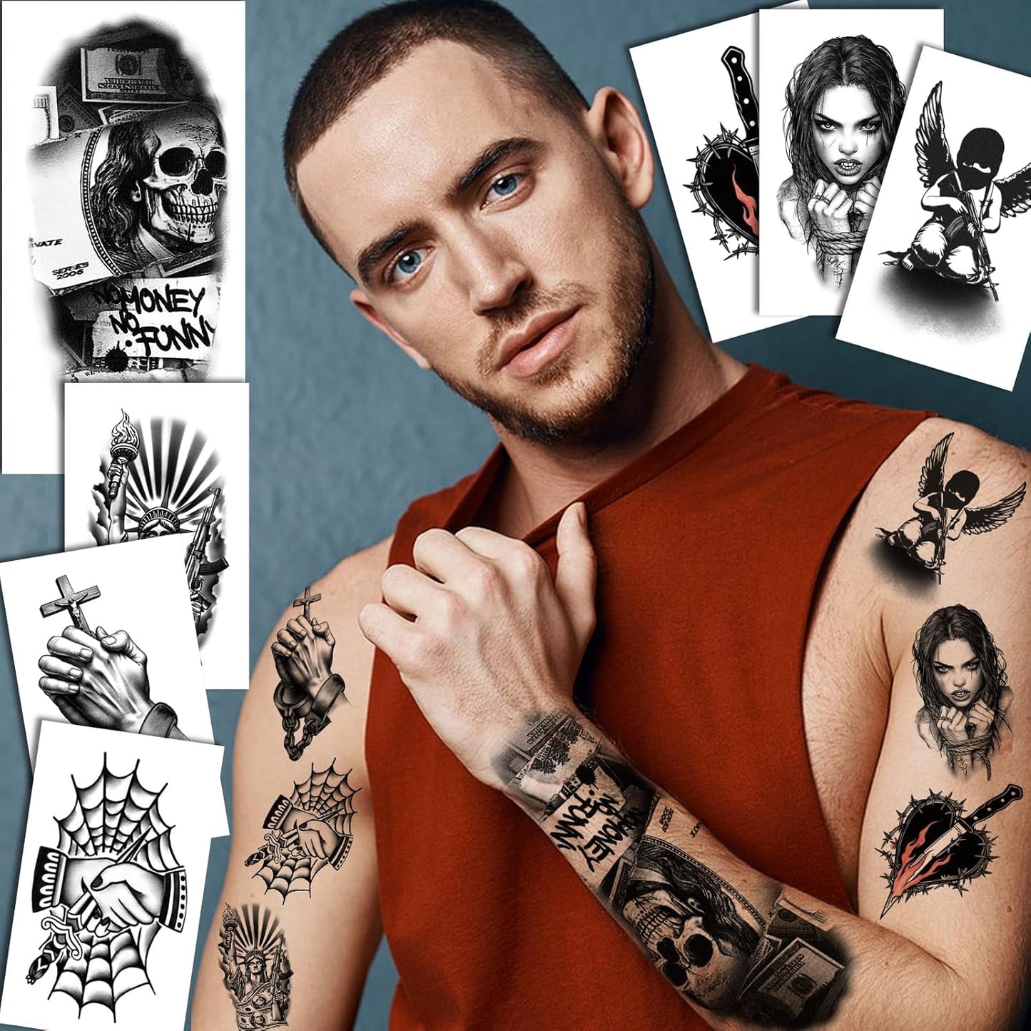 77 Sheets Temporary Tattoo For Men Women, Black Scary Skull Skeleton Knife Rose Temporary Tattoos For Adults Neck Arm Thigh, Small Mermaid Angle Clown Fake Tattoo Sticker For Boys Girls Tatoos