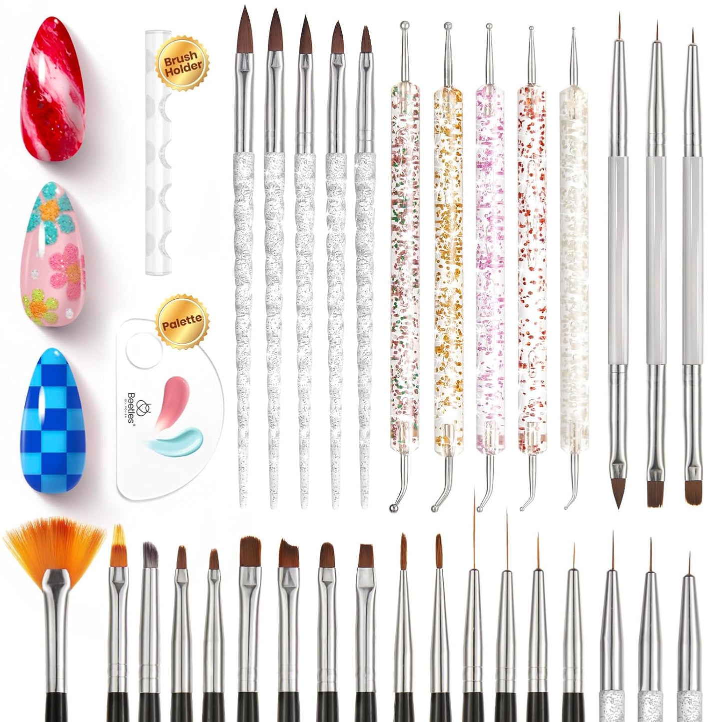 Beetles 31pcs Nail Art Brushes, Nail Art Pens, Dotting Tools, Dust Brush, Striping Liner Fingernail Drawing Pens with Palette Holder All in One for Starter Manicure Design Set