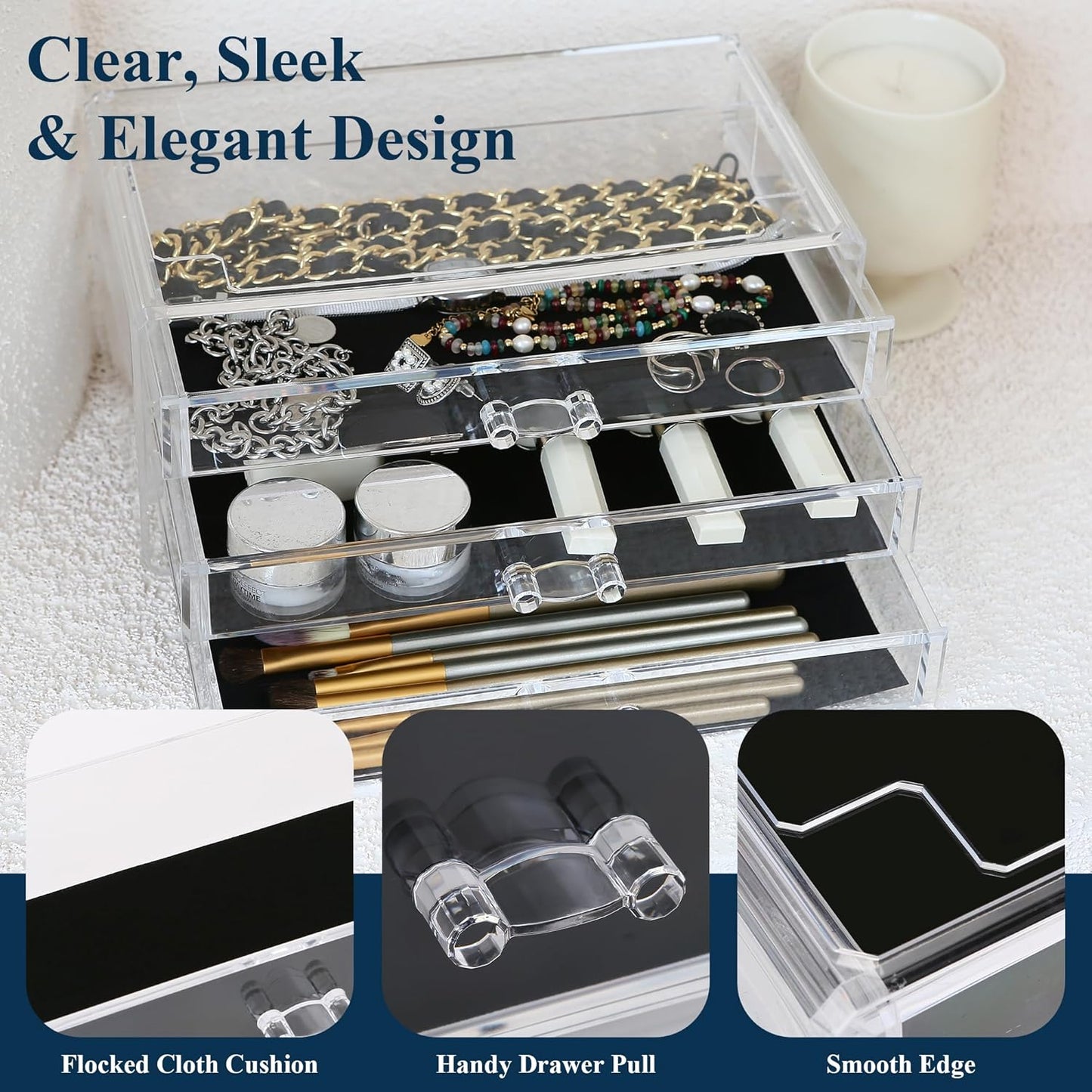 Sea Team Clear Makeup Organizer with Drawers, Acrylic Plastic Cosmetic Display Case, Jewelry Storage Box, Holder for Dresser, Bathroom, Vanity, Countertop (3 Middle Drawers)