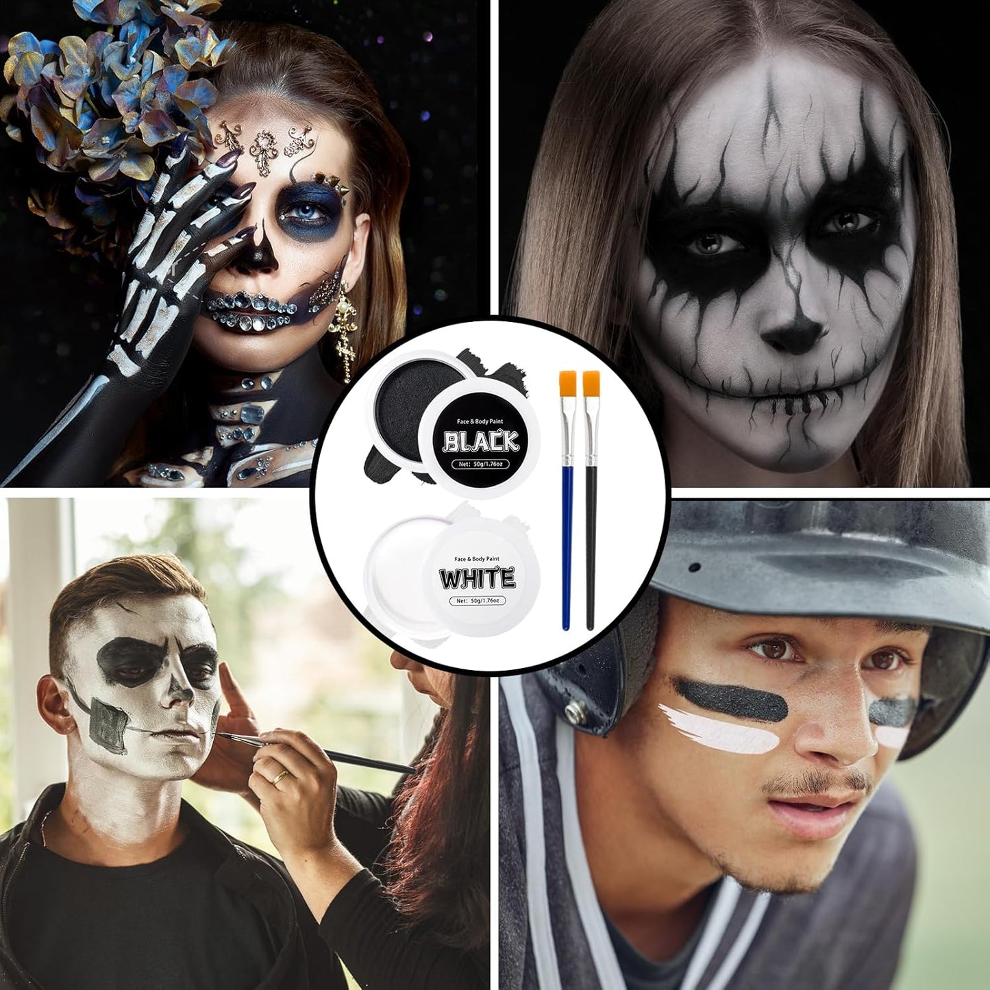 TonJin Black + White Face Body Paint Set 3.5oz/100g, Non-Toxic Professional Facepaint Makeup Kit with 2 Brushes for Kids & Adults Art Theater Halloween Party Cosplay Clown Corpse Goth SFX Makeup