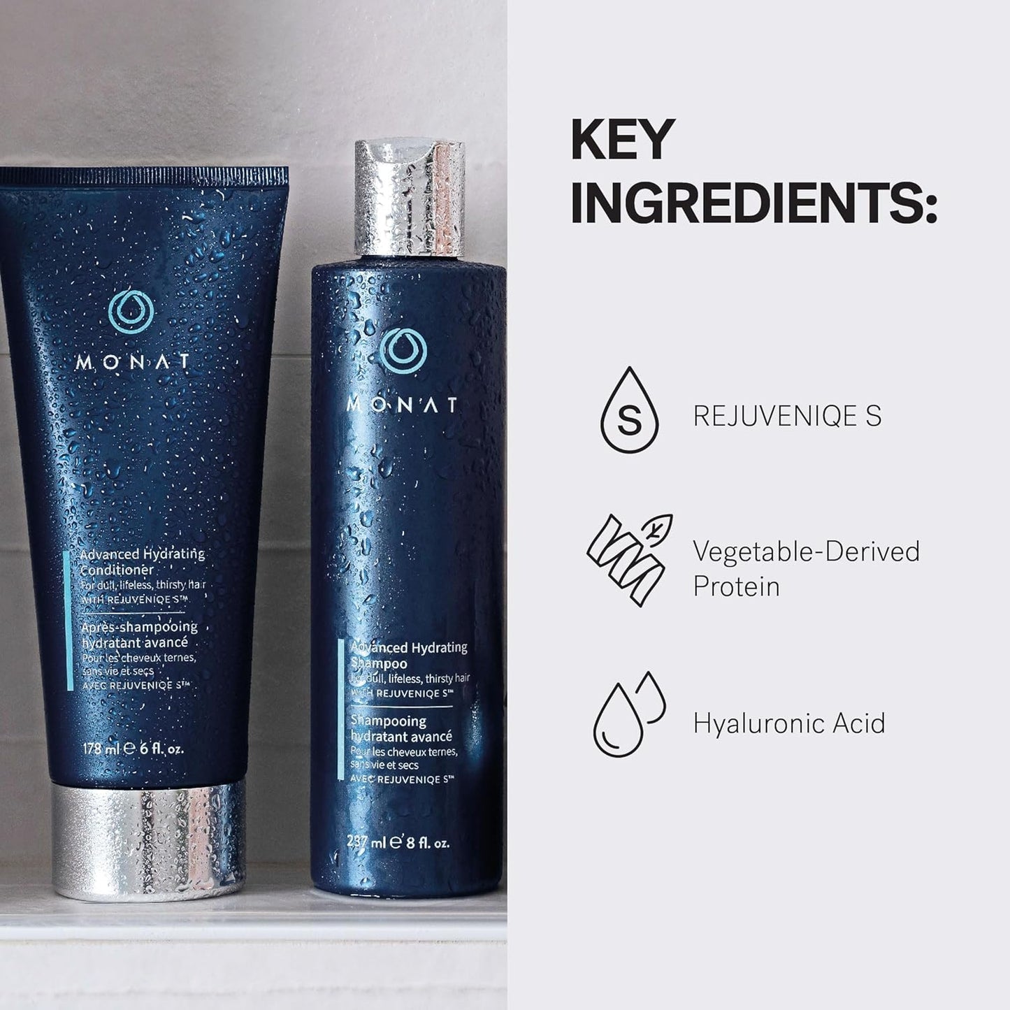 MONAT Advanced Hydration Shampoo and Conditioner Set Infused with REJUVENIQE For Dry Fine to Medium Hair - Moisturizes & Strengths - Sulfate-Free, Paraben-Free, Frizz-Reducing - 8 fl. oz. & 6 fl. oz.