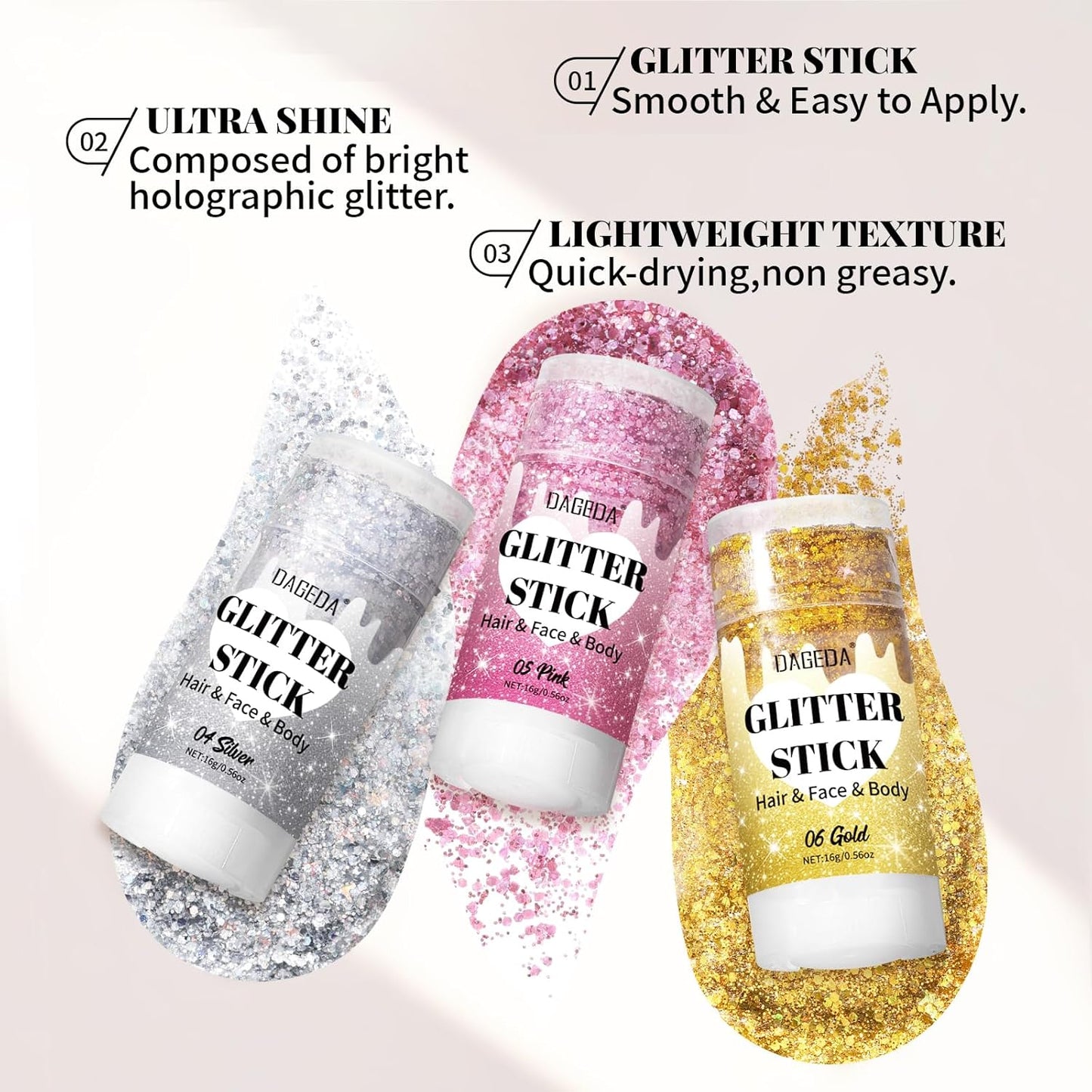 DAGEDA Gold Body Glitter Stick,Sparkly Face Glitter Makeup,Holographic Hair Glitters Mermaid Makeup Rave Outfits for Women, Shimmer Face Paint Stick Singer Concert Accessories