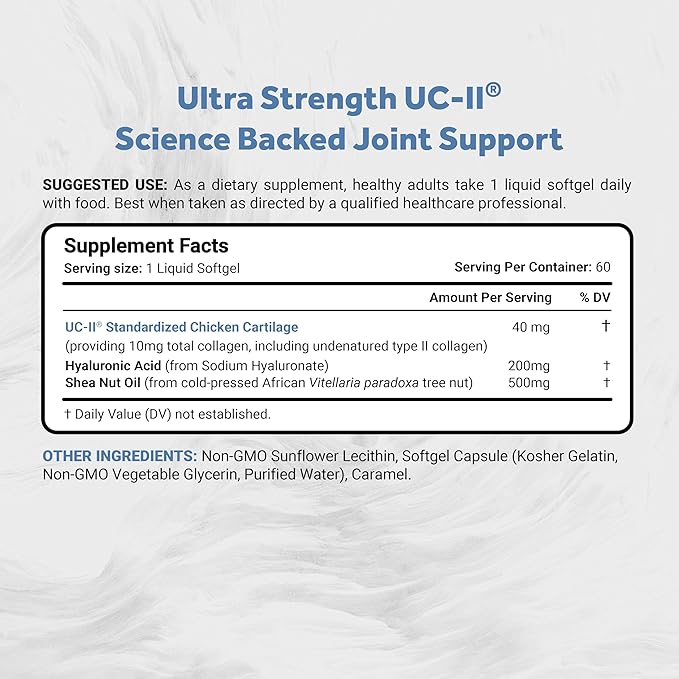 UC-II 40 mg with Hyaluronic Acid and Shea Nut Oil | Enhanced Undenatured Type II Collagen for Better Joint Health, Mobility & Flexibility | Gluten-Free & Non-GMO | 60 Softgels
