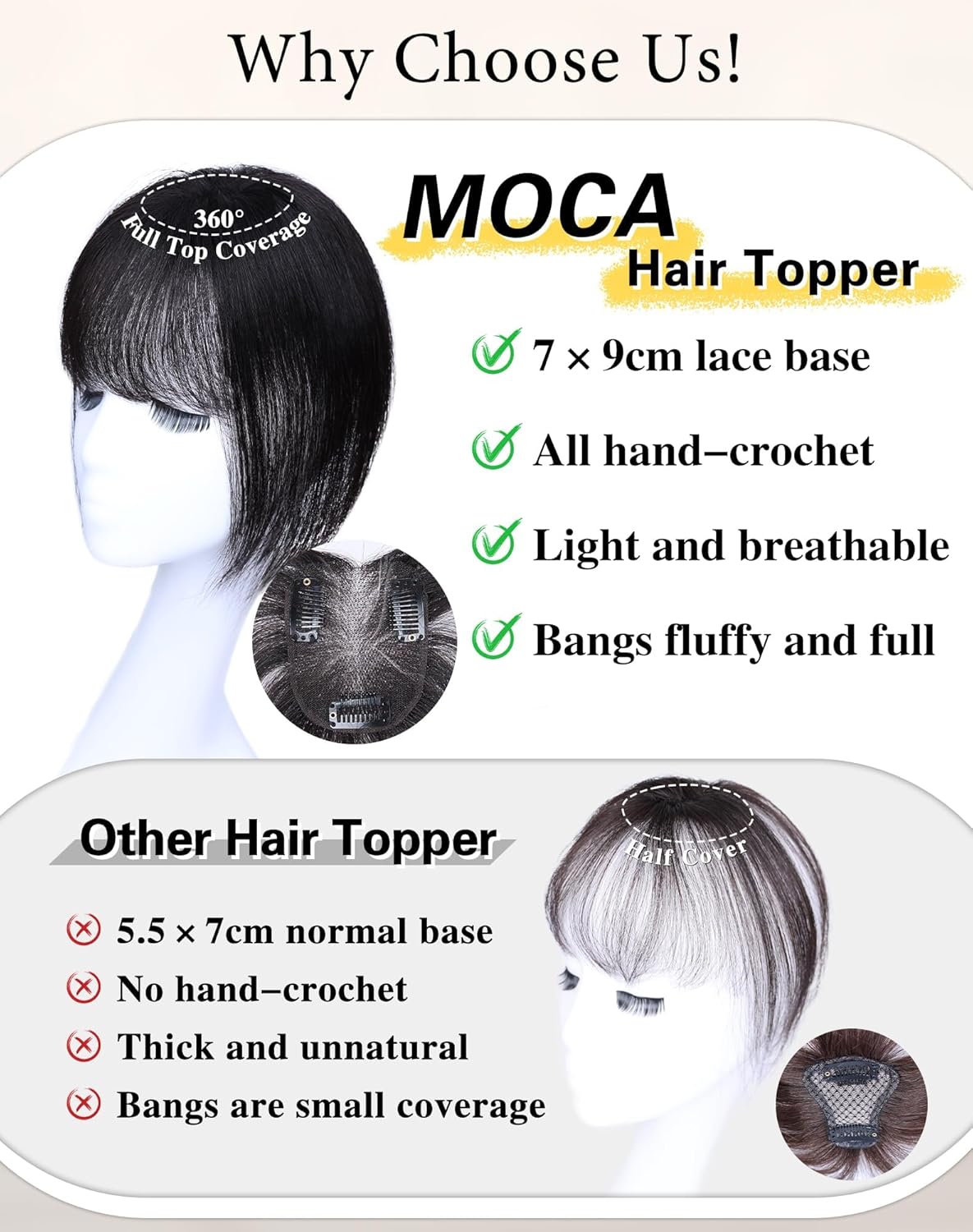Hair Toppers for Women Real Human Hair, Bangs Hair Clip 360°3D Cover Clip on Bangs for Women Fake Bangs for Daily Wear (10 Inch Natural Black)
