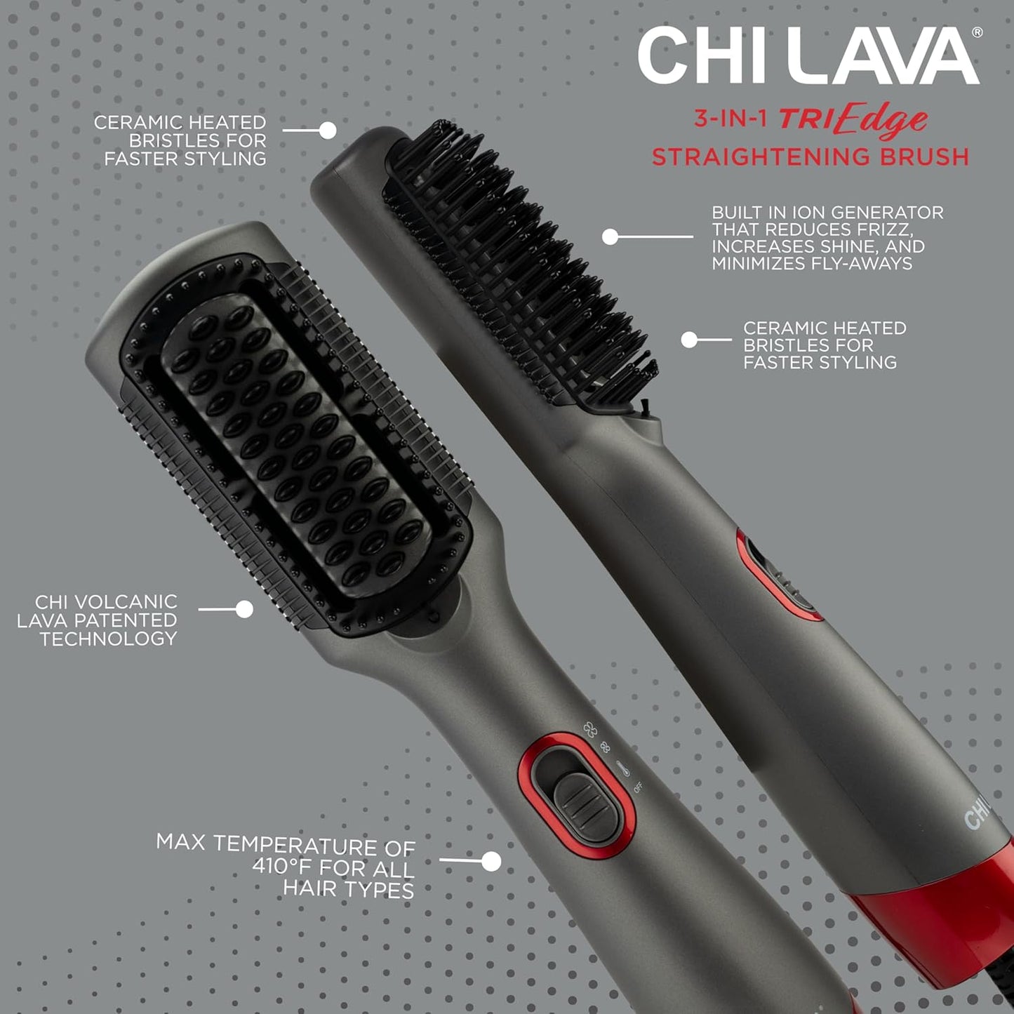 CHI Lava Heated Straightening Brush, 3-in-1 Hair Straightener, Dryer & Smoothing Comb, Reduces Frizz & Increases Shine for Healthy & Easy Styling
