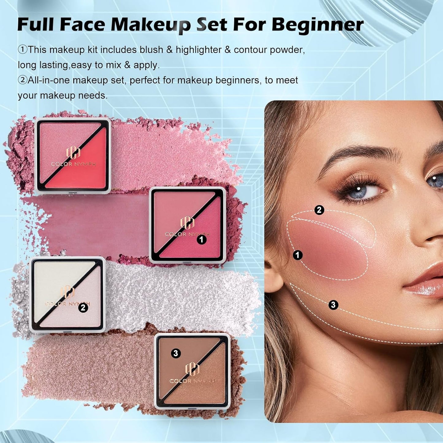 Color Nymph Makeup Kit for Teen Girls – All-in-One Beginner Makeup Set with Eyeshadow, Blush, Highlighter, Bronzer, Contour, Lipsticks, Eyeliner, Brushes & Mirror in Train Case (White)