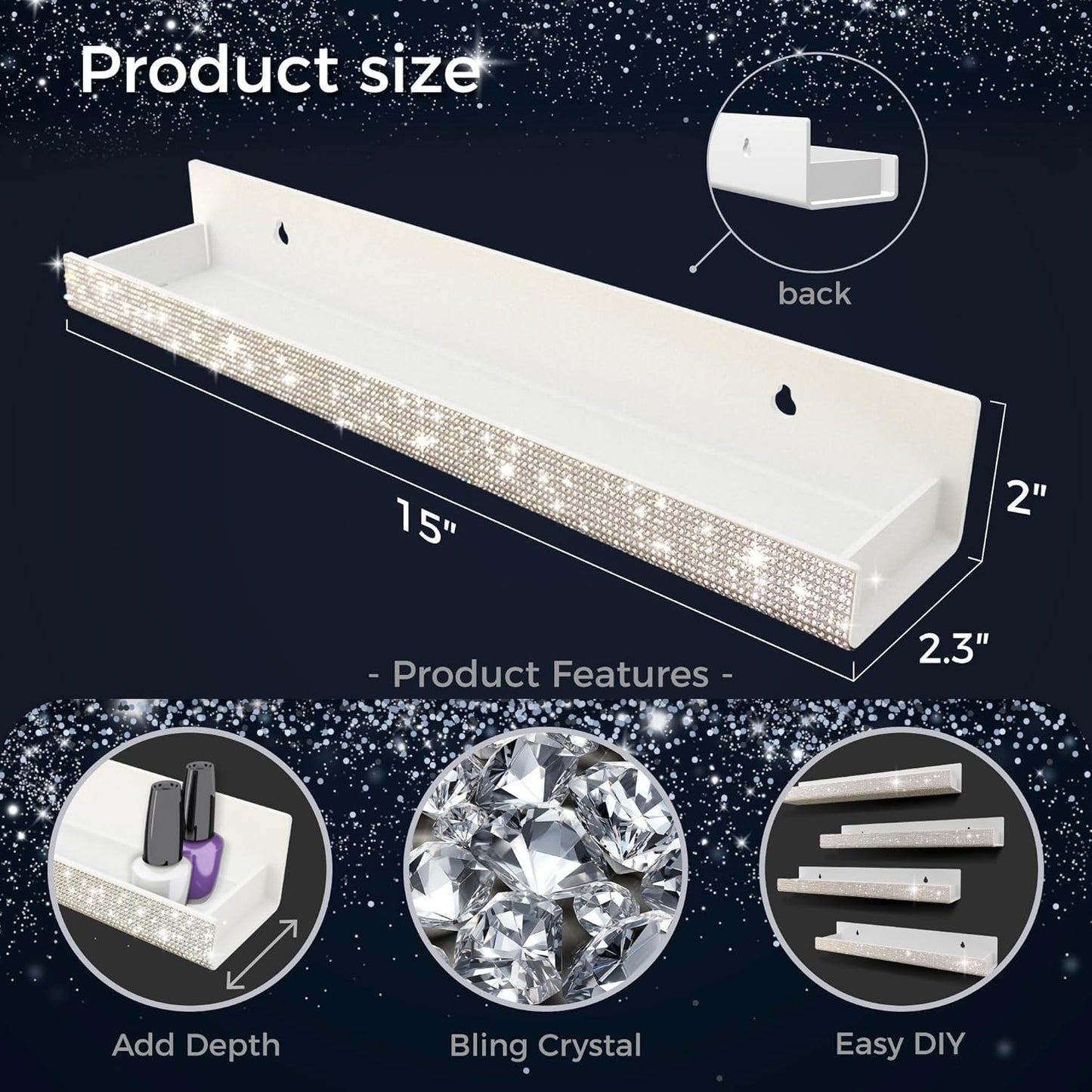 Care&More YJ 4 Pack 15 Inch Nail Polish Wall Rack，Diamond Crystal Rhinestone Acrylic Nail Polish Organizer，Sunglasses Essential Oil Picture Display Storage Wall Shelf