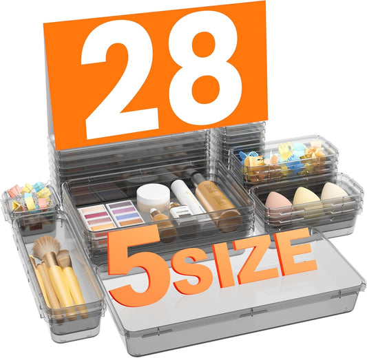 A-LuGei 【Military Grade】 Drawer Organizer, 【𝟱𝗦𝗶𝘇𝗲】 Clear Makeup organizer, 【Holds 177 Items】 Bathroom Organizers and Storage, Plastic Desk Organizer Divider, Organizer Bins for Office Vanity