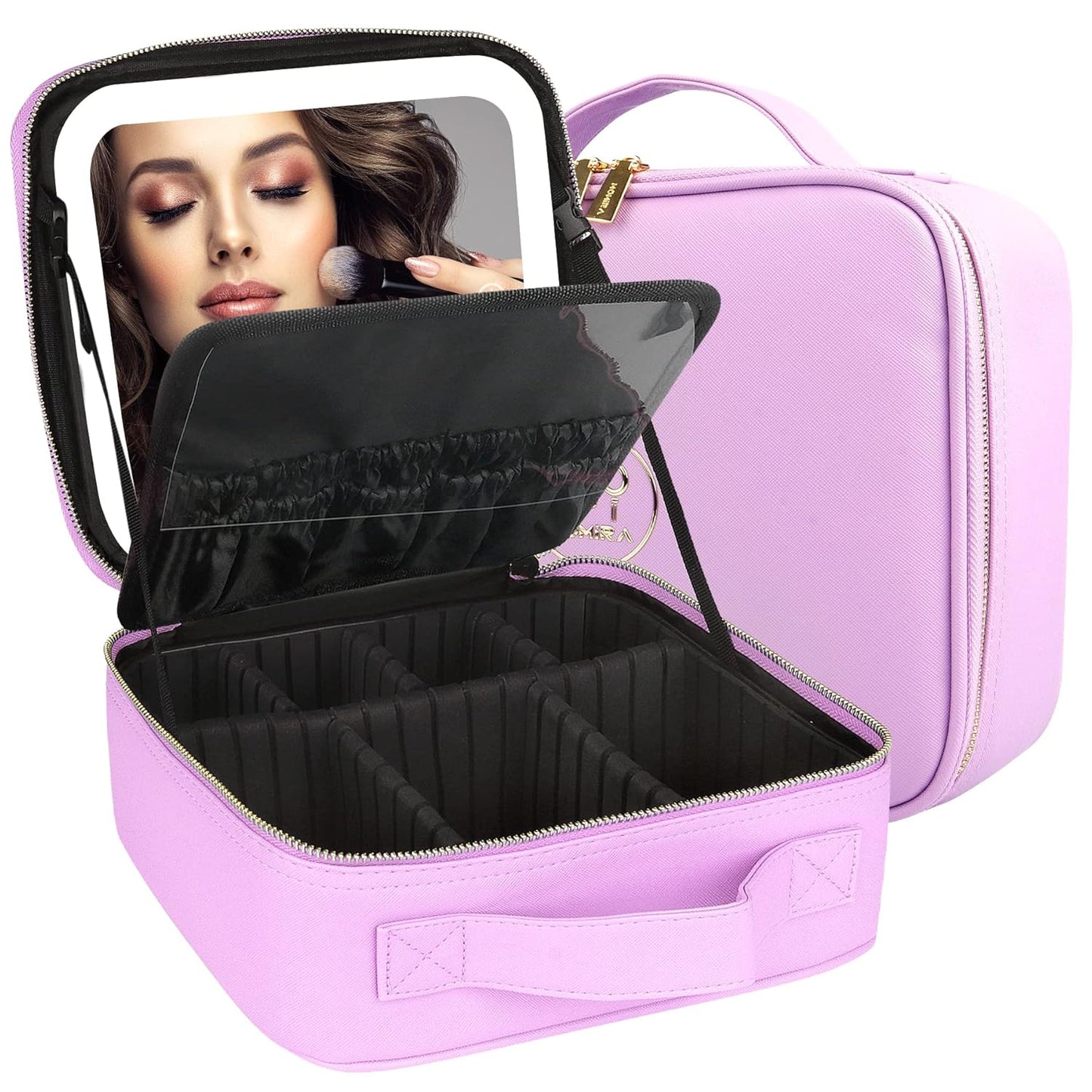 MOMIRA Travel Makeup Bag Cosmetic Bag Makeup Organizer Bag with Lighted Mirror, Adjustable Brightness in 3 Color Scenarios, Waterproof Makeup Train Case, Gift for Women - Purple