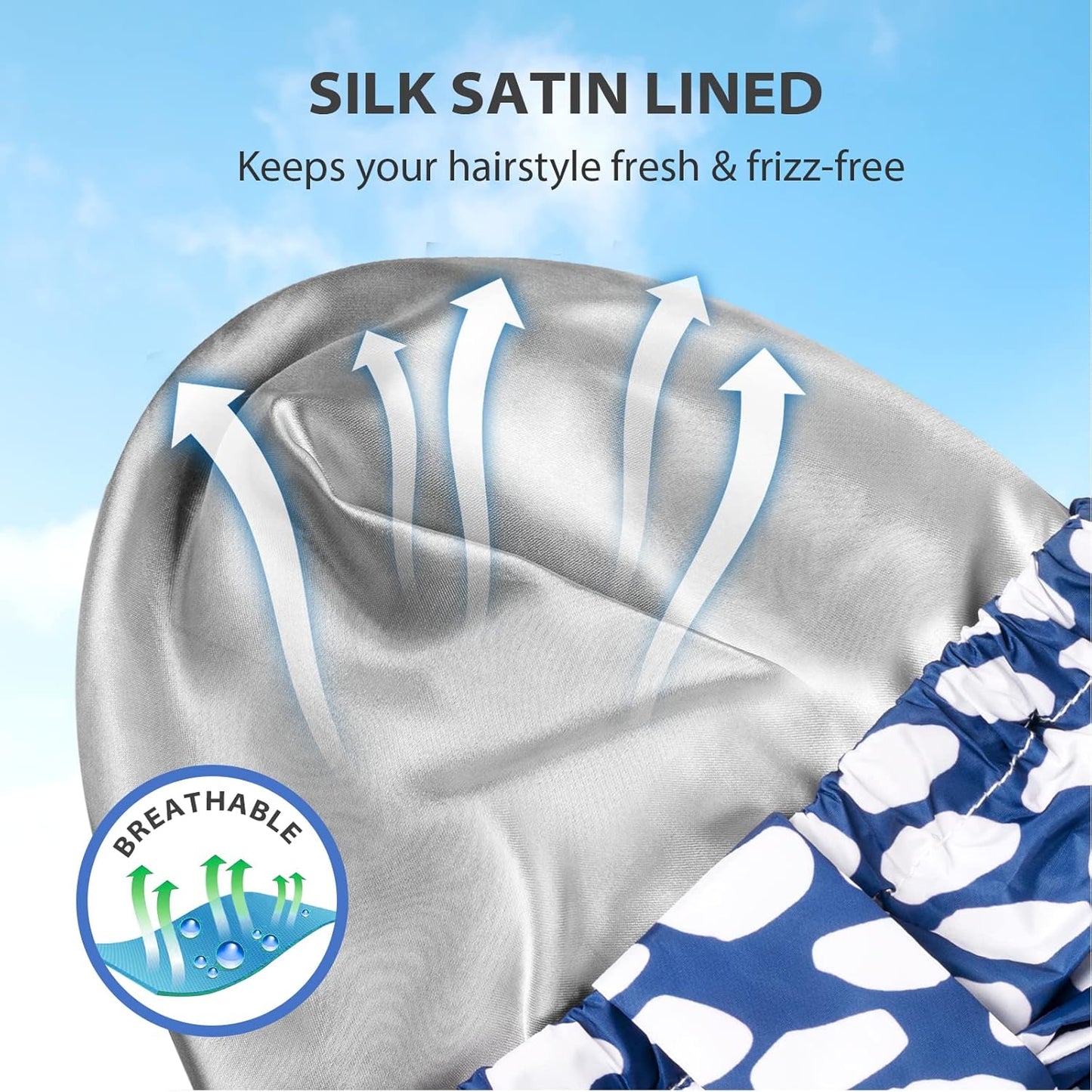 INNELO Luxury Shower Cap for Women Reusable Waterproof, Double Layered Shower Hair Cap with Adjustable Elastic Strap, Large Satin Lined Shower Bath Cap for Long Curly Straight Hair, Blue