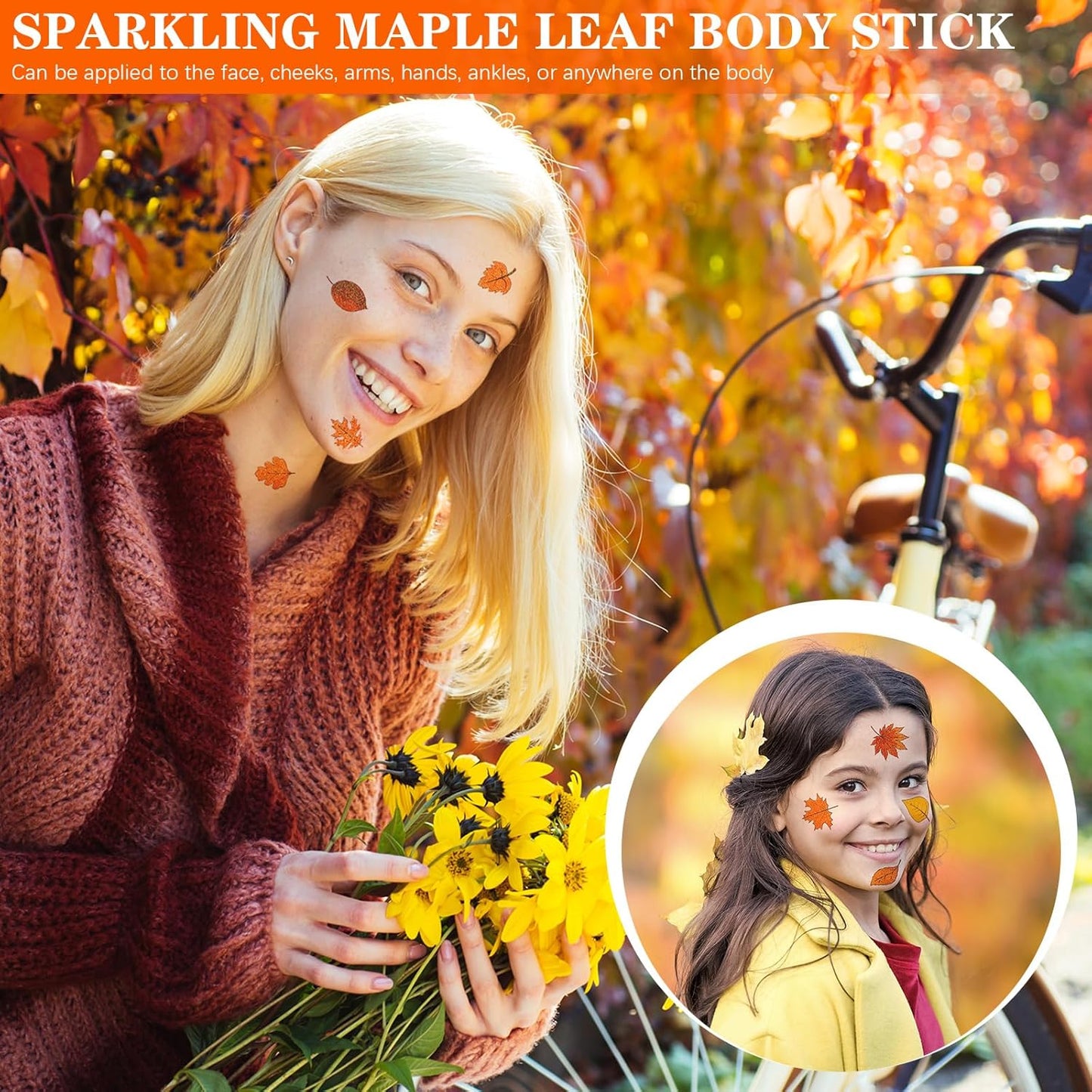 Nosiny 240 Pcs Fall Glitter Temporary Tattoos - Maple Leaves Stickers Autumn Tattoo Sticker Fall Leaves Glitter Tattoos for Thanksgiving Party Body Face Women Men Kids