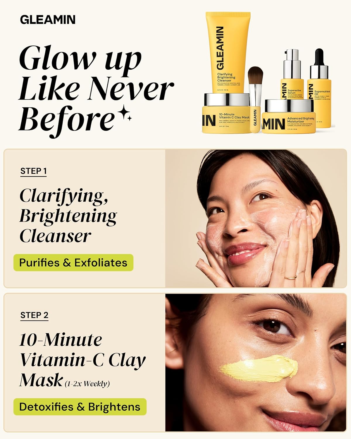 Gleamin Brightening Skincare Bundle – Mask, Serum, Cleanser, Moisturizer & Oil for Dark Spots, Uneven Tone, and Glowing Skin – Complete Vitamin C Skincare Routine