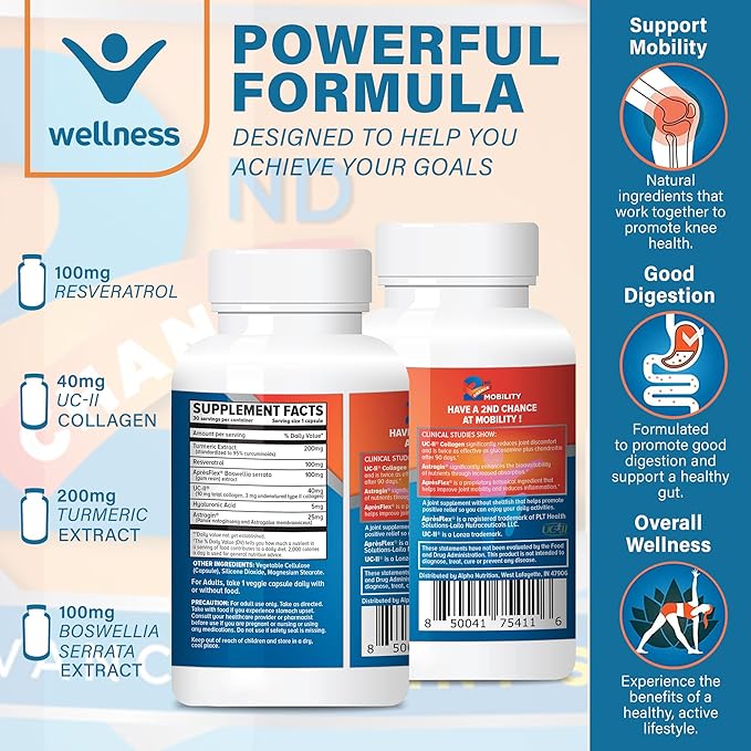 Advanced Joint Support Supplement - Turmeric, Resveratrol, Boswellia Serrata Extract, UC-II Collagen - Vitamins and Nutrients for Back, Limbs, Hip, & Knee - 30 Count