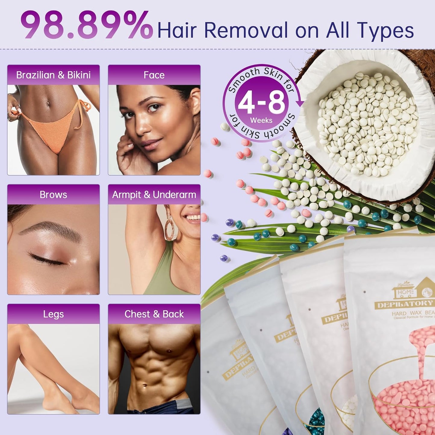 Lifestance Waxing Kit for Women & Men - L2 Amethyst Trace Digital Warmer, Silicone Wax Pot Liner, Hair Removal with 14.1oz Hard Wax Beads & Oil Spray, Professional for Home Brazilian Bikini Face Leg