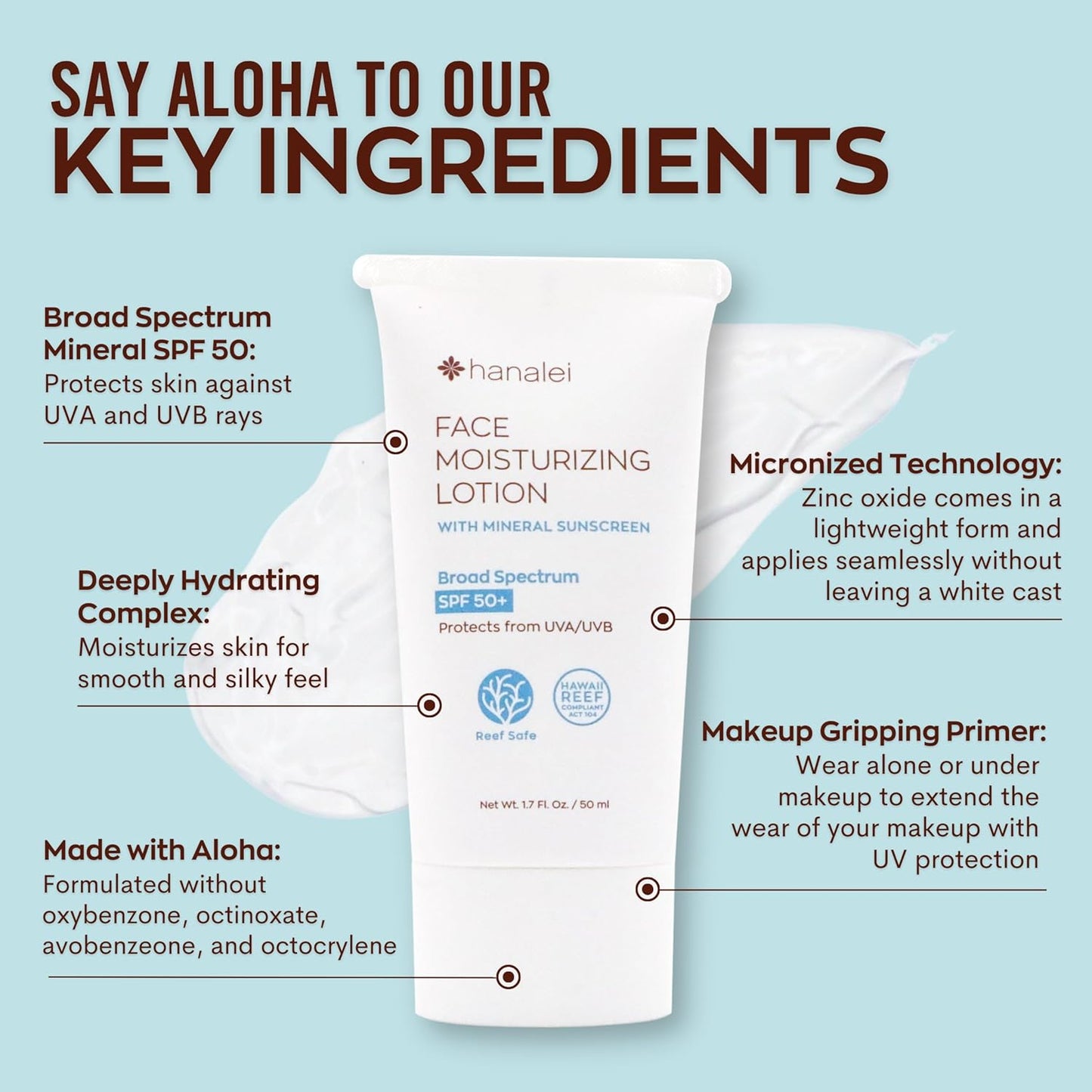 Hanalei Mineral Sunscreen Face Moisturizer SPF 50 – Dermatologist Tested, Zinc Oxide, Vegan, Reef-Safe, Invisible Protection, No White Cast, 3-in-1 Hydrating Primer, Gentle for Sensitive Skin 1.7 oz