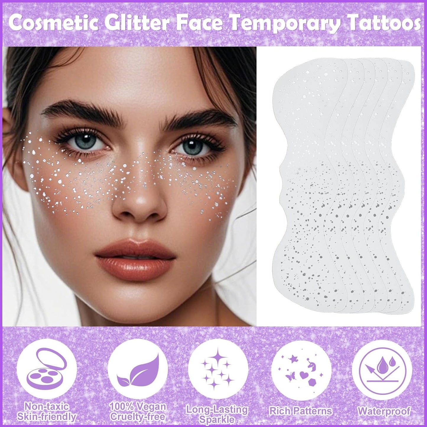 Yosca Glitter Freckles Face Tattoo, 6Pcs Metallic Rose Gold Temporary Tattoos for Body Face Freckle Makeup, Waterproof Glitter Makeup Patches for Festival Concert Party Girl Women Rave Accessories