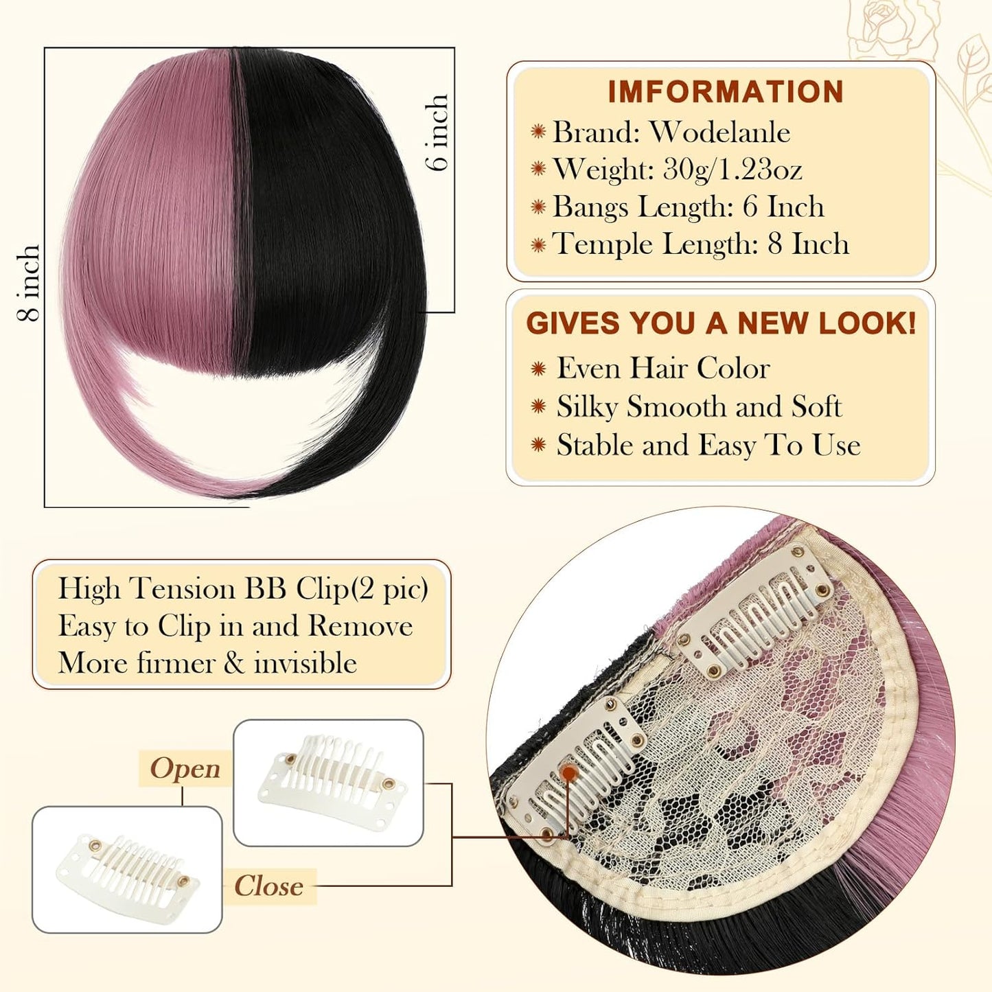 Bangs Hair Clip in Bangs, Fake Bangs Natrual Clip in Hair Extensions, Easy to Use Faux Bangs Clip on Bangs, French Bangs Fringe with Temples Hairpieces Curved Bangs for Cosplay