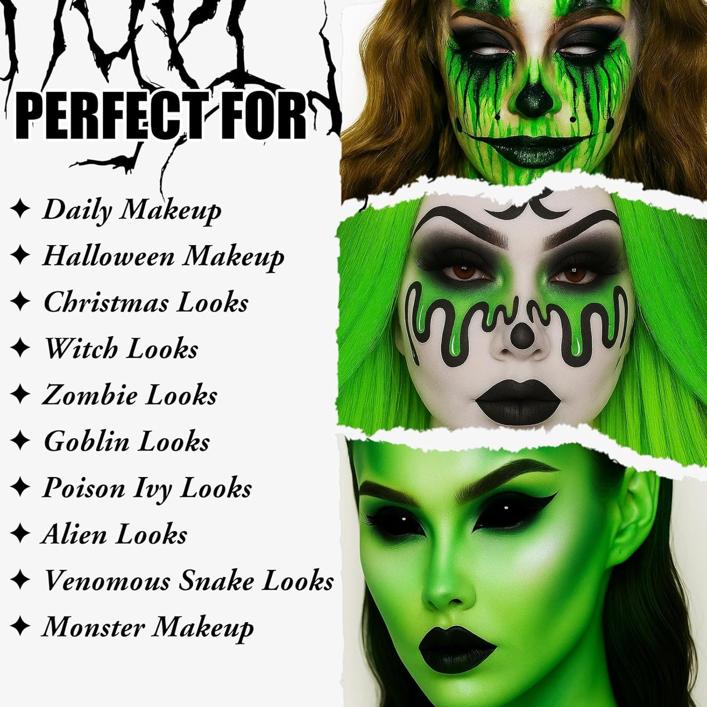 UCANBE Green Halloween Makeup Kit – Zombie Witch Beetle Juice Monster Makeup Set for SFX Costume Cosplay with Eyeshadow Palette, White Foundation, Black Lipstick,Eyeliner, Setting Powder & Sponges