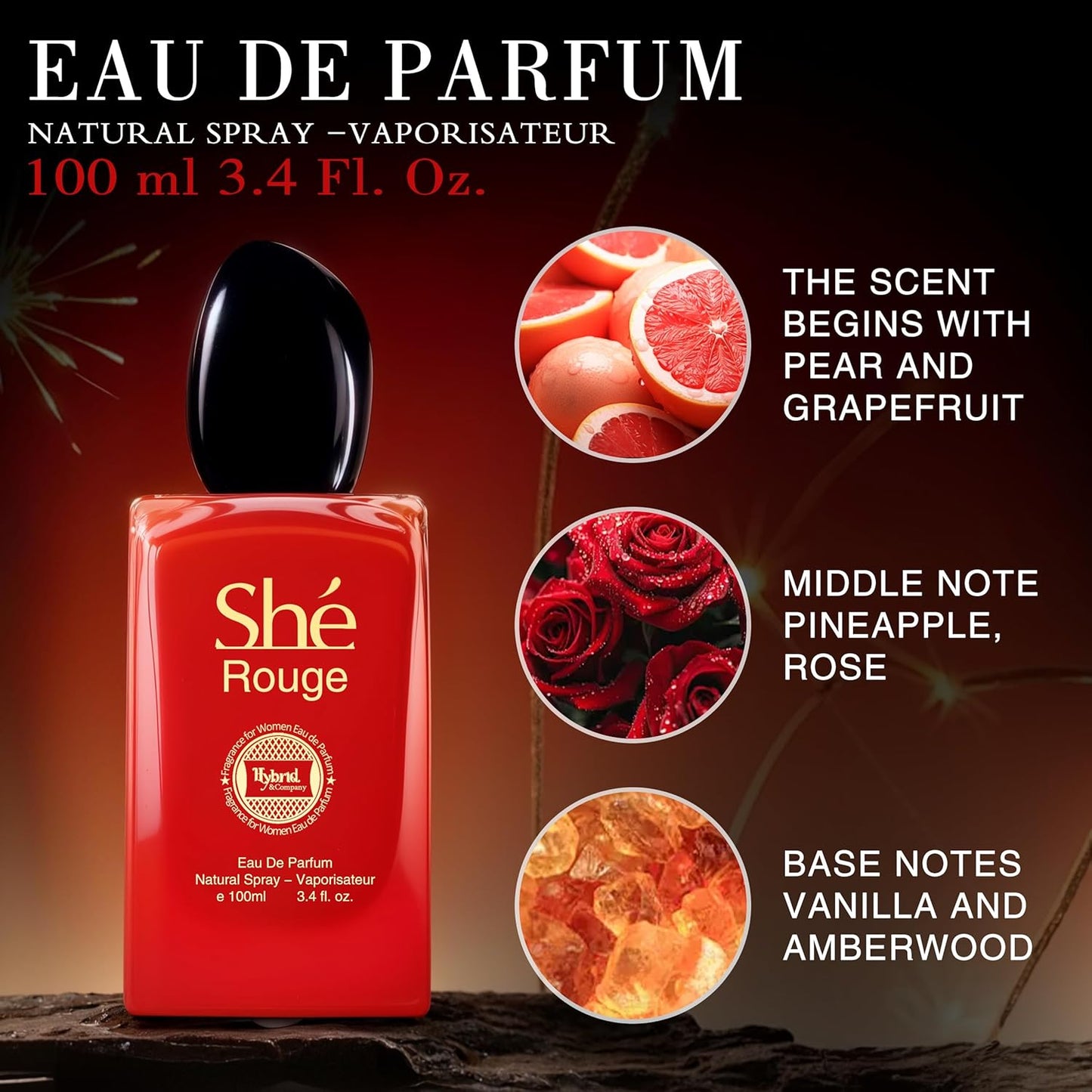 Hybrid & Company Women She Rouge Eau De Parfum Vaporisateur Natural Spray 3.4 Fl Oz