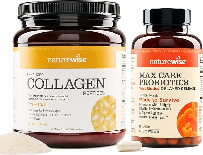 NatureWise Enhanced Collagen Peptides (45 Servings) - Hydrolyzed Type I & III + NatureWise Max Probiotics for Men & Women | Delayed Released Capsule 30 Billion CFU