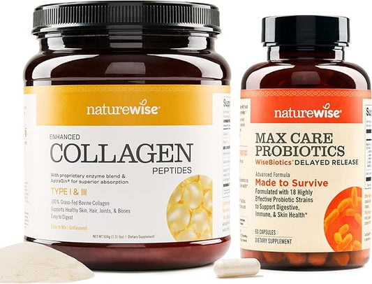 NatureWise Enhanced Collagen Peptides (45 Servings) - Hydrolyzed Type I & III + NatureWise Max Probiotics for Men & Women | Delayed Released Capsule 30 Billion CFU