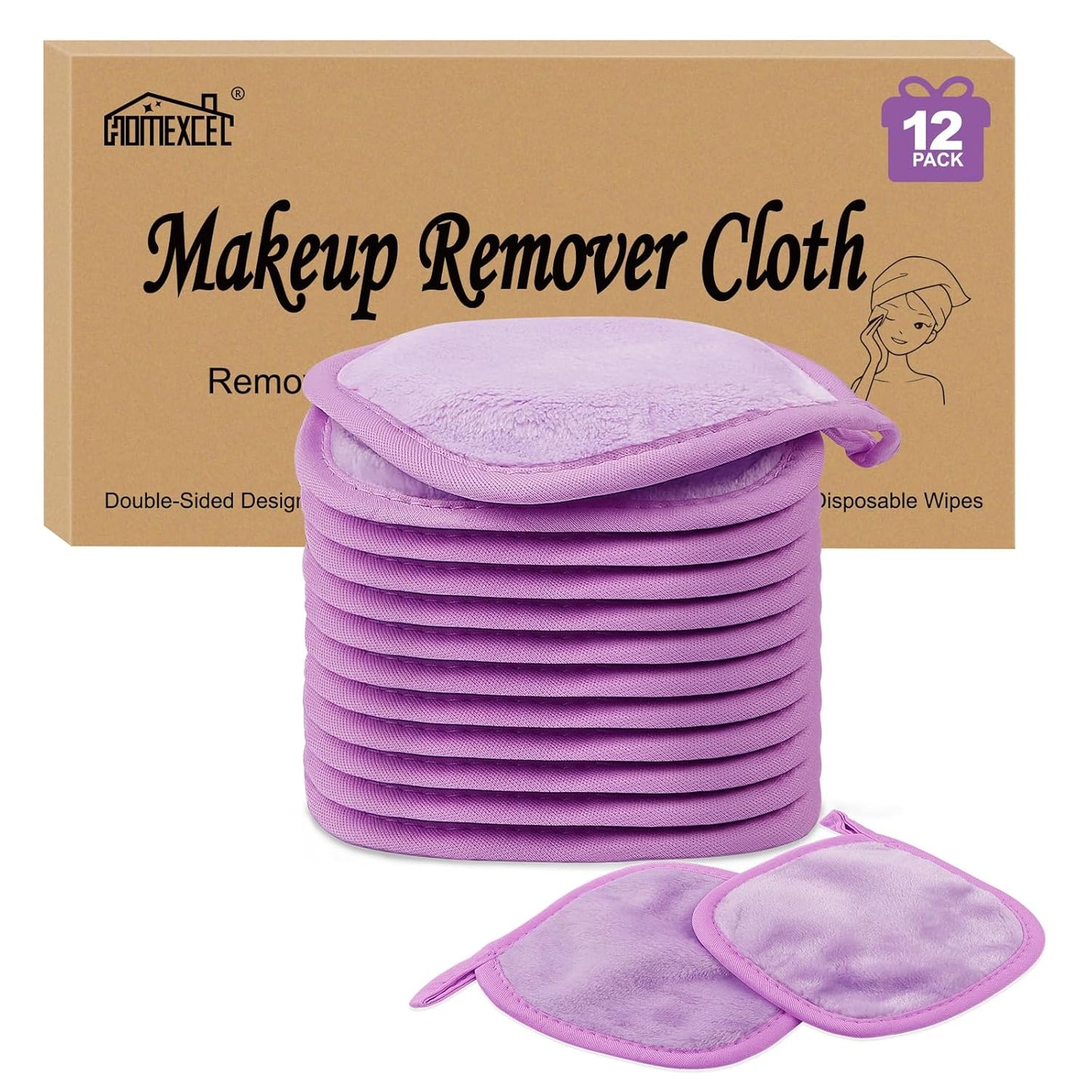 HOMEXCEL Makeup Remover Cloth 12 Count (Pack of 1), Reusable Makeup Remover Pads, Washable Ultra Soft Facial Cleansing Cloths For All Skin Types, 5 X 5 In, Purple
