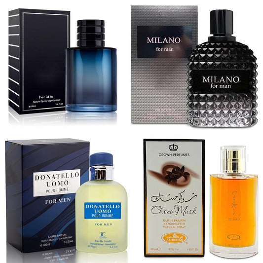 4-Piece Cologne for Men Includes Choco Musk/SE/Donatello Uomo/Milano Scent of Woody, Spicy, Citrus & Aromatic eau de parfum Men Gift Set Each 100Ml for Daily Use