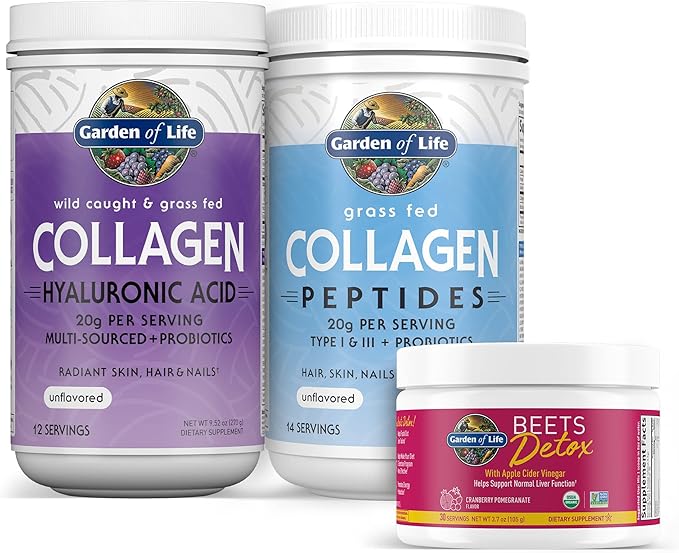 Garden of Life Collagen Beets Bundle: Multi-Sourced Collagen Hyaluronic Acid Unflavored, 12 Servings + Organic Beets Detox Cranberry Pomegranate, 30 Servings + Collagen Peptides Powder, 14 Servings