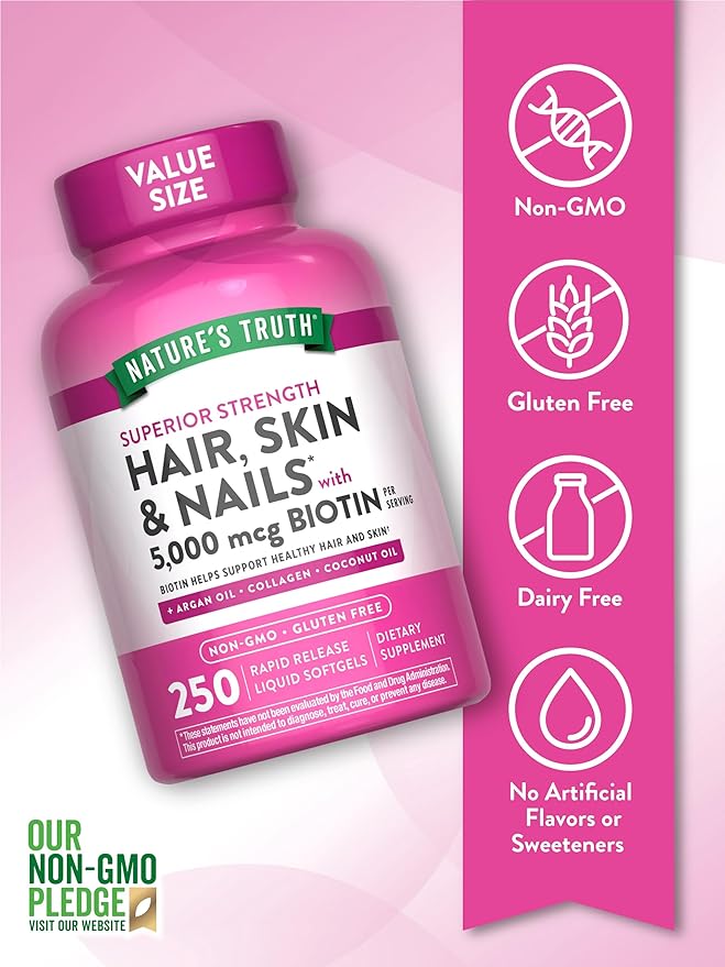 Nature's Truth Hair, Skin & Nails Vitamins | 5000mcg | 250 Softgels | Includes Collagen, Biotin and Coconut Oil | Non-GMO & Gluten Free Supplement for Women and Men